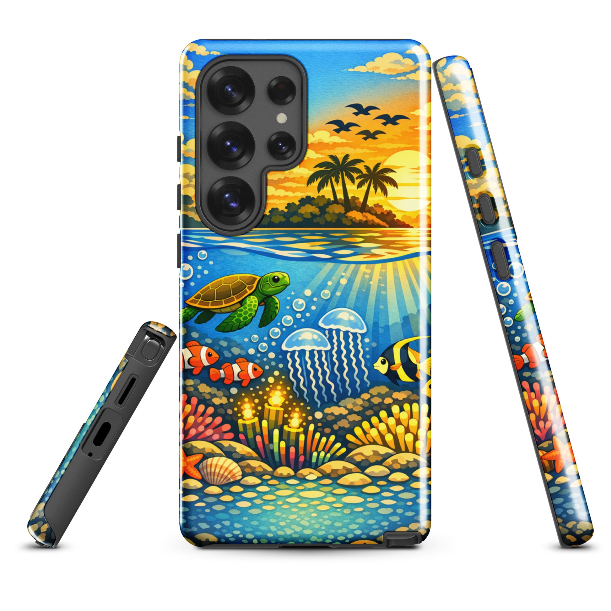 Phone Case for Samsung Galaxy featuring tropical sunset and underwater reef with sea turtles, clownfish, and jellyfish design.