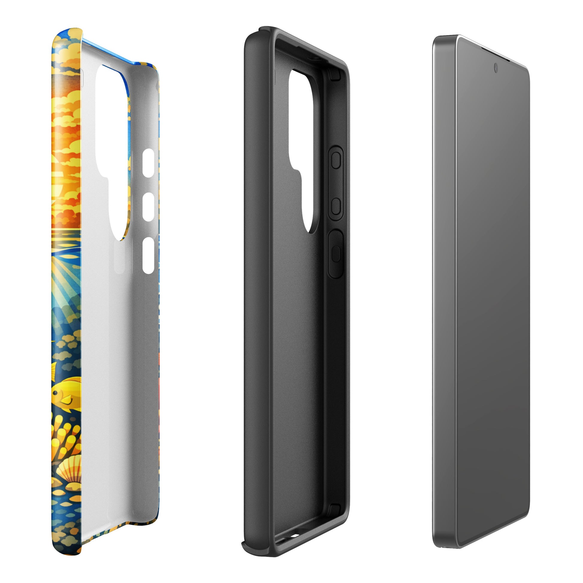 Phone Case for Samsung Galaxy with tropical sunset and underwater reef design, featuring sea turtles and coral.