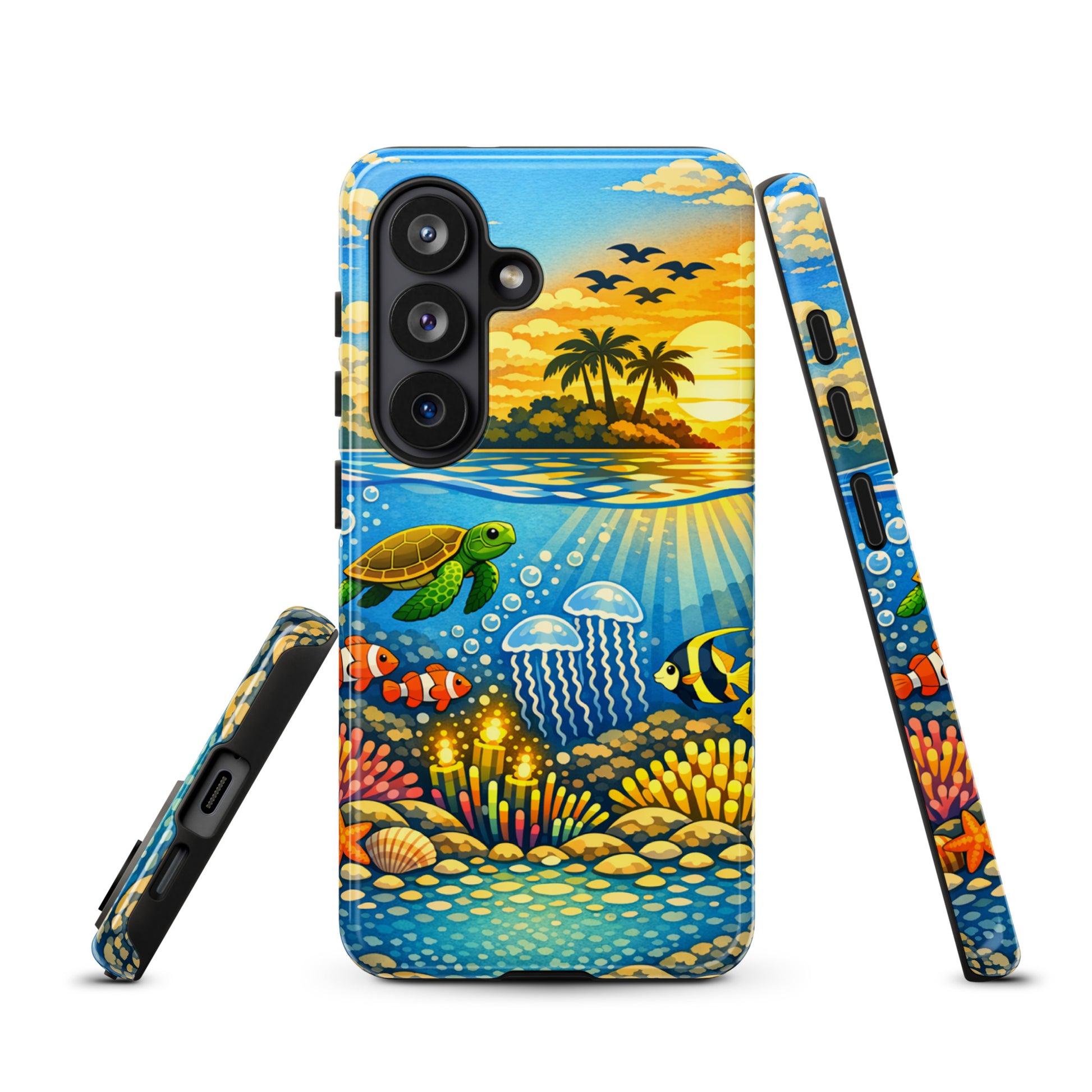 Phone Case for Samsung Galaxy featuring tropical sunset and underwater reef with sea turtles, clownfish, and coral