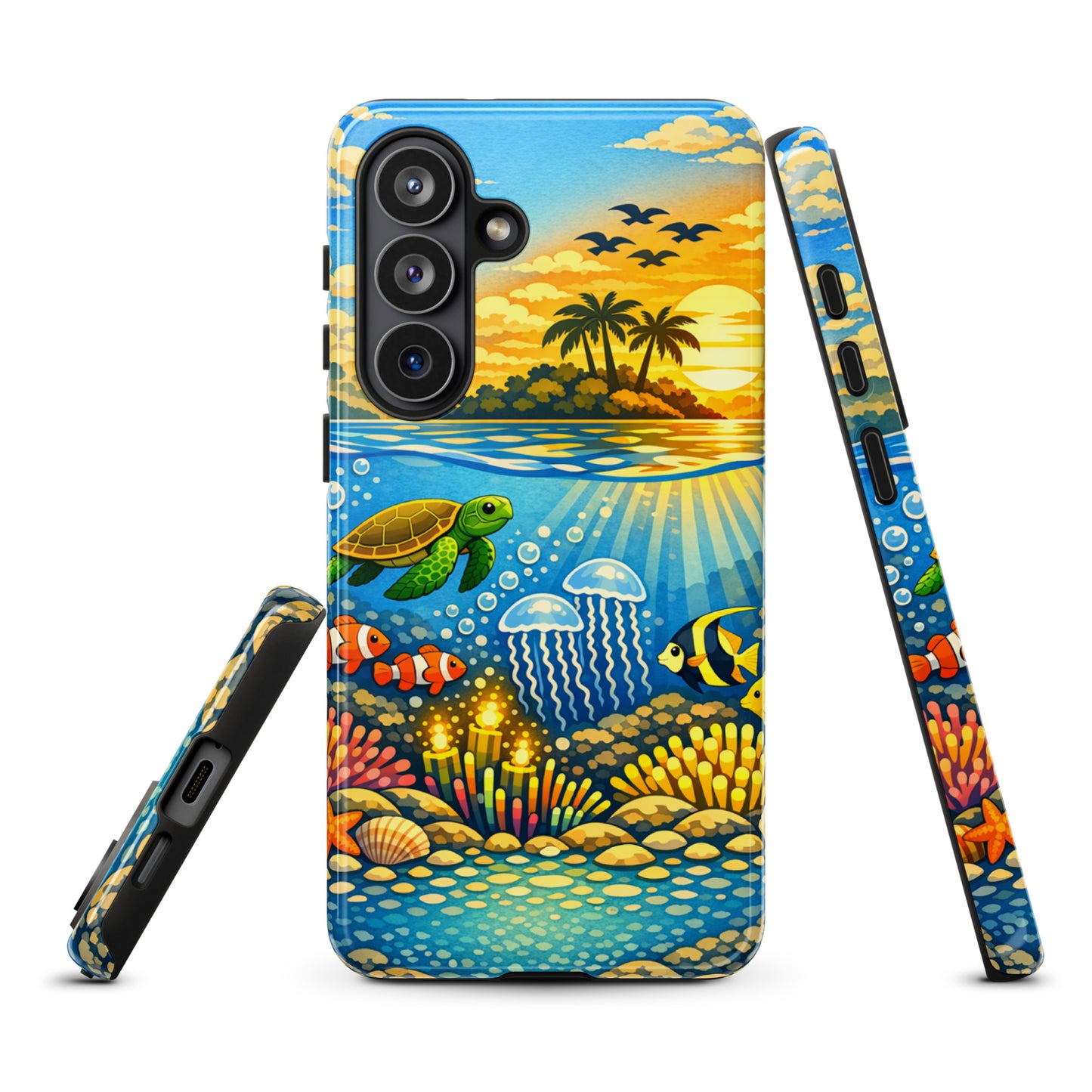 Phone Case for Samsung Galaxy with tropical sunset and underwater reef design featuring sea turtles, clownfish, and coral.