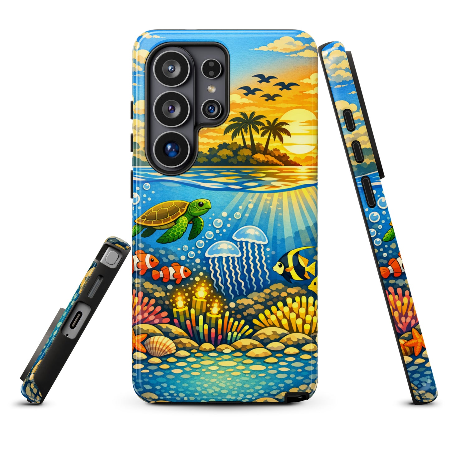 Phone Case for Samsung Galaxy with tropical sunset and underwater reef design featuring sea turtles, clownfish, and coral.