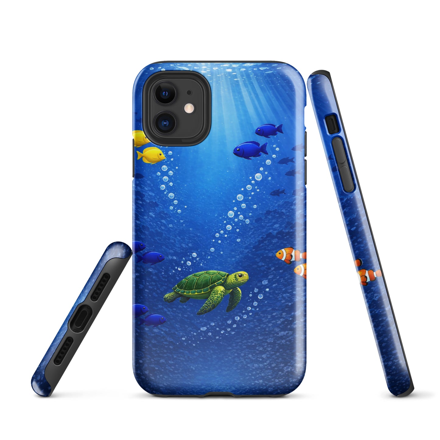 Phone Case for iPhone featuring a sea turtle and tropical fish in a deep blue ocean design, offering style and dual-layer protection.