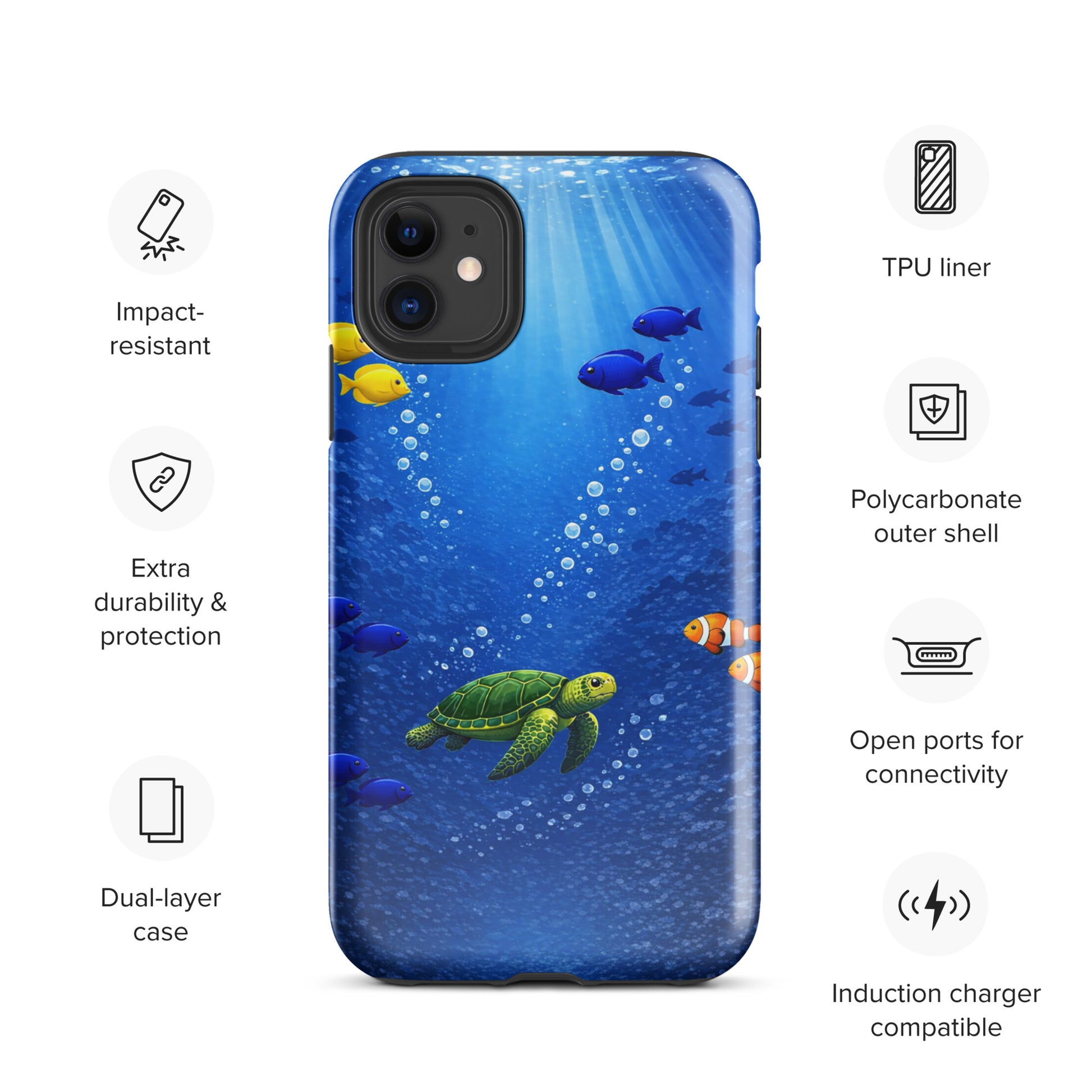 Phone Case featuring sea turtle and tropical fish design for iPhone with dual-layer protection and underwater blue aesthetic.