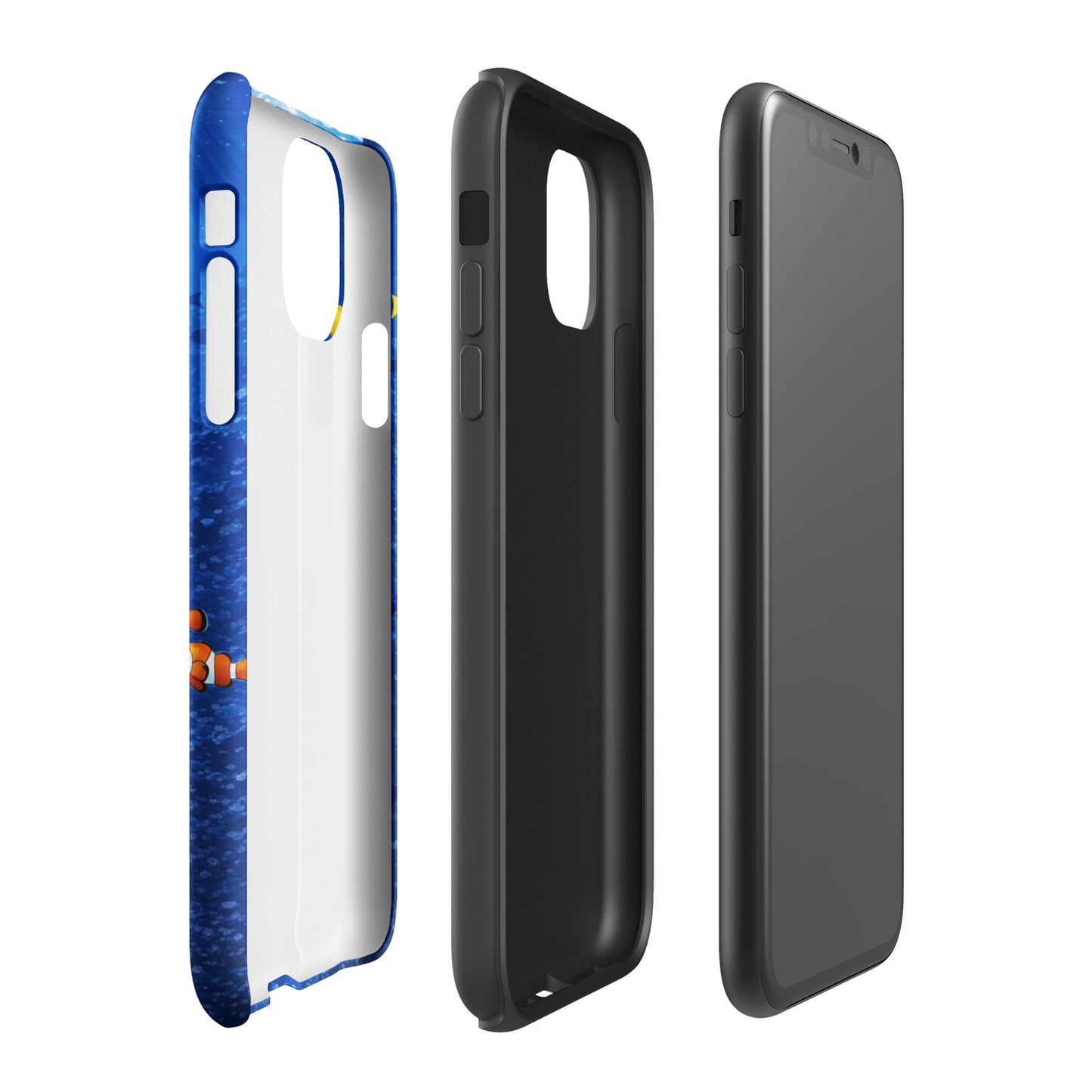 Phone Case for iPhone with Sea Turtle design in blue sea theme, triple-view of case layers for style and protection