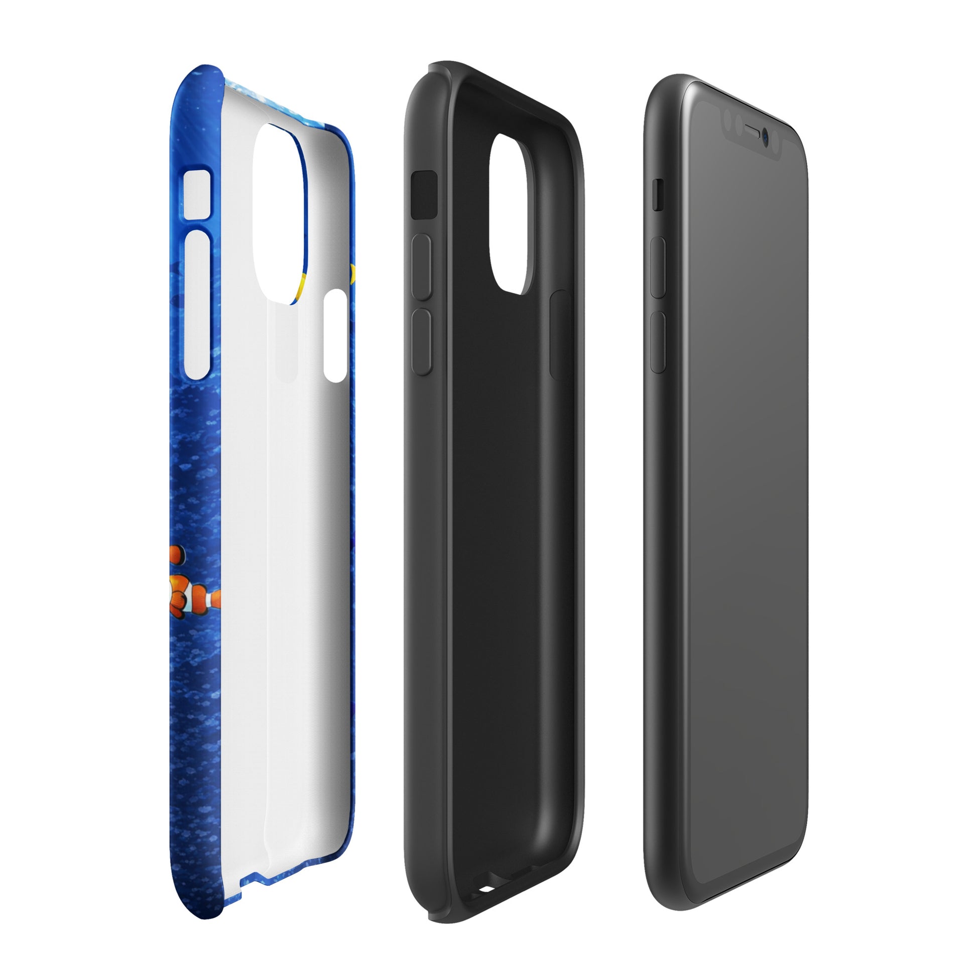 Phone Case for iPhone with Sea Turtle design in blue sea theme, triple-view of case layers for style and protection