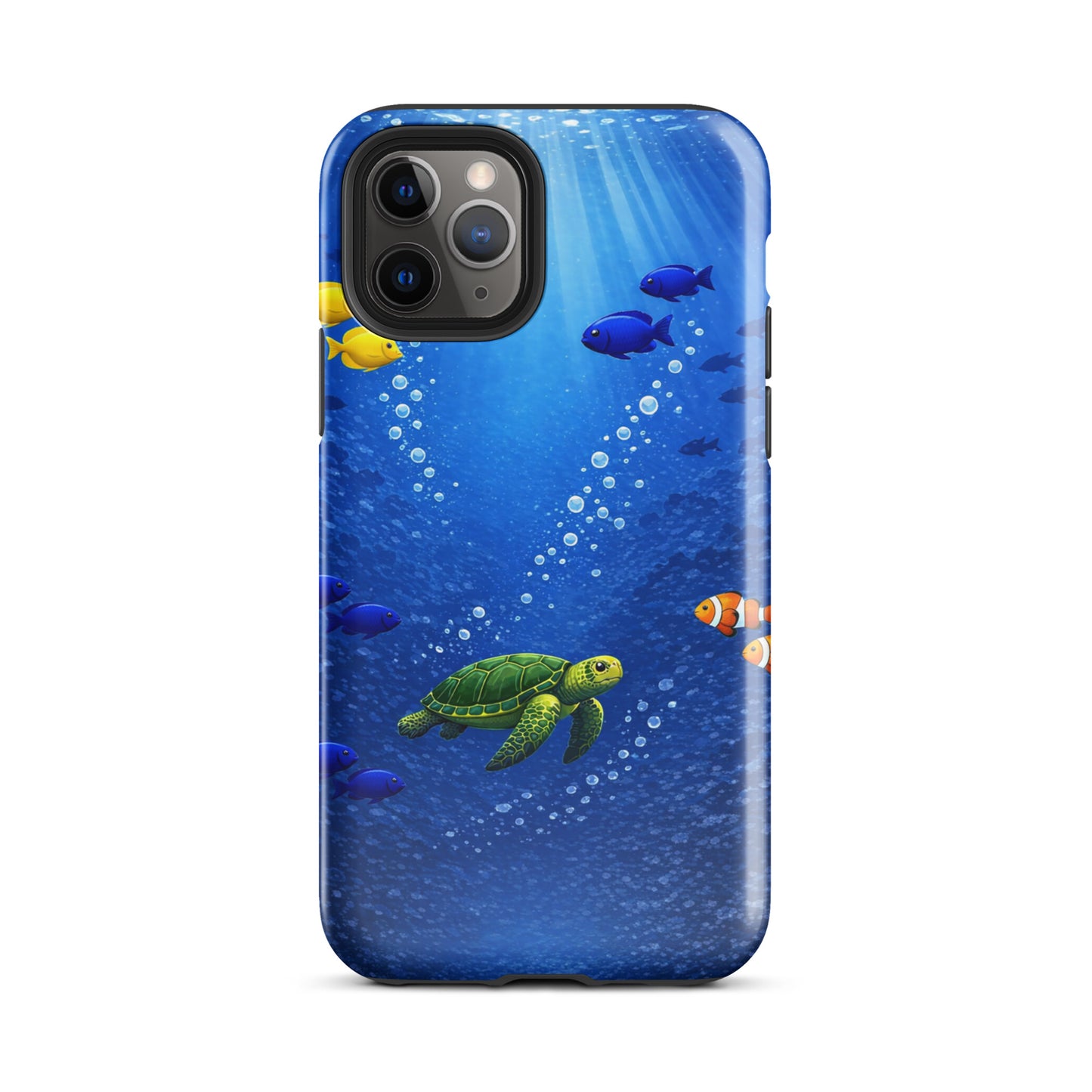 Phone Case for iPhone with sea turtle and tropical fish design in deep blue ocean theme.