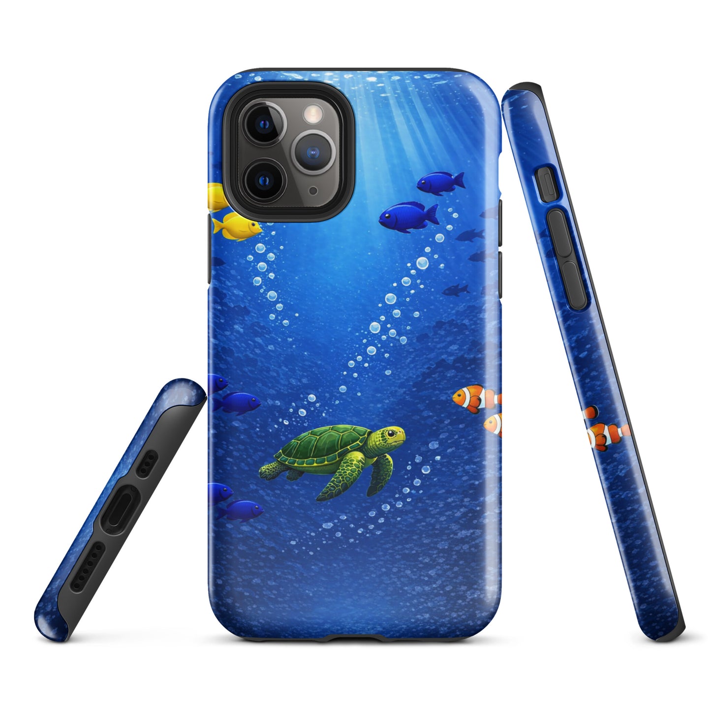 Phone Case for iPhone featuring a sea turtle and tropical fish in a vibrant underwater reef design, offering dual-layer protection.