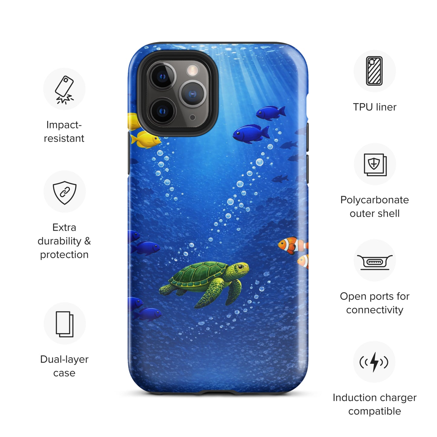 Phone Case for iPhone featuring sea turtle and tropical fish design, with dual-layer protection and compatibility with induction chargers.