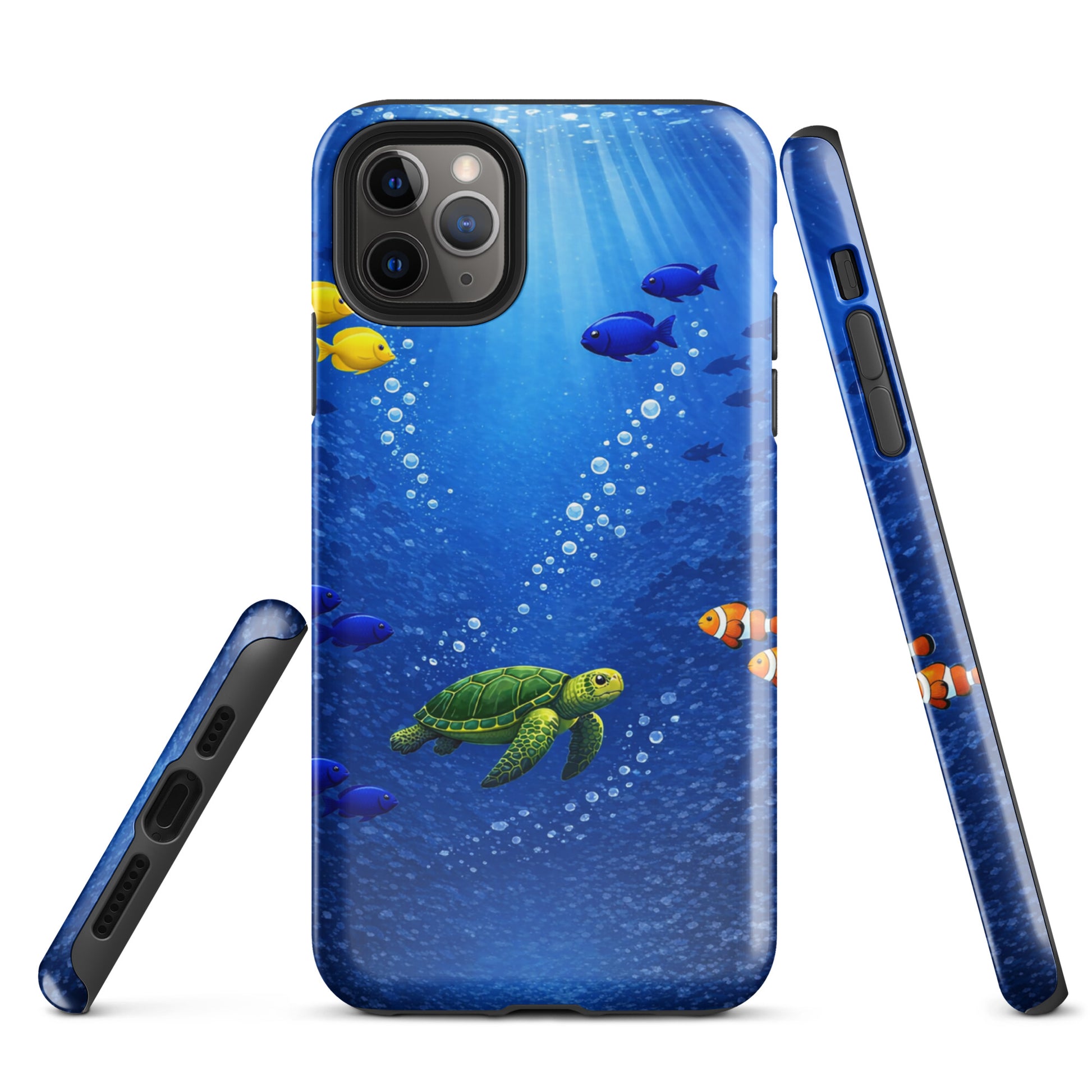 Phone Case for iPhone with sea turtle and tropical fish design in deep blue ocean theme.