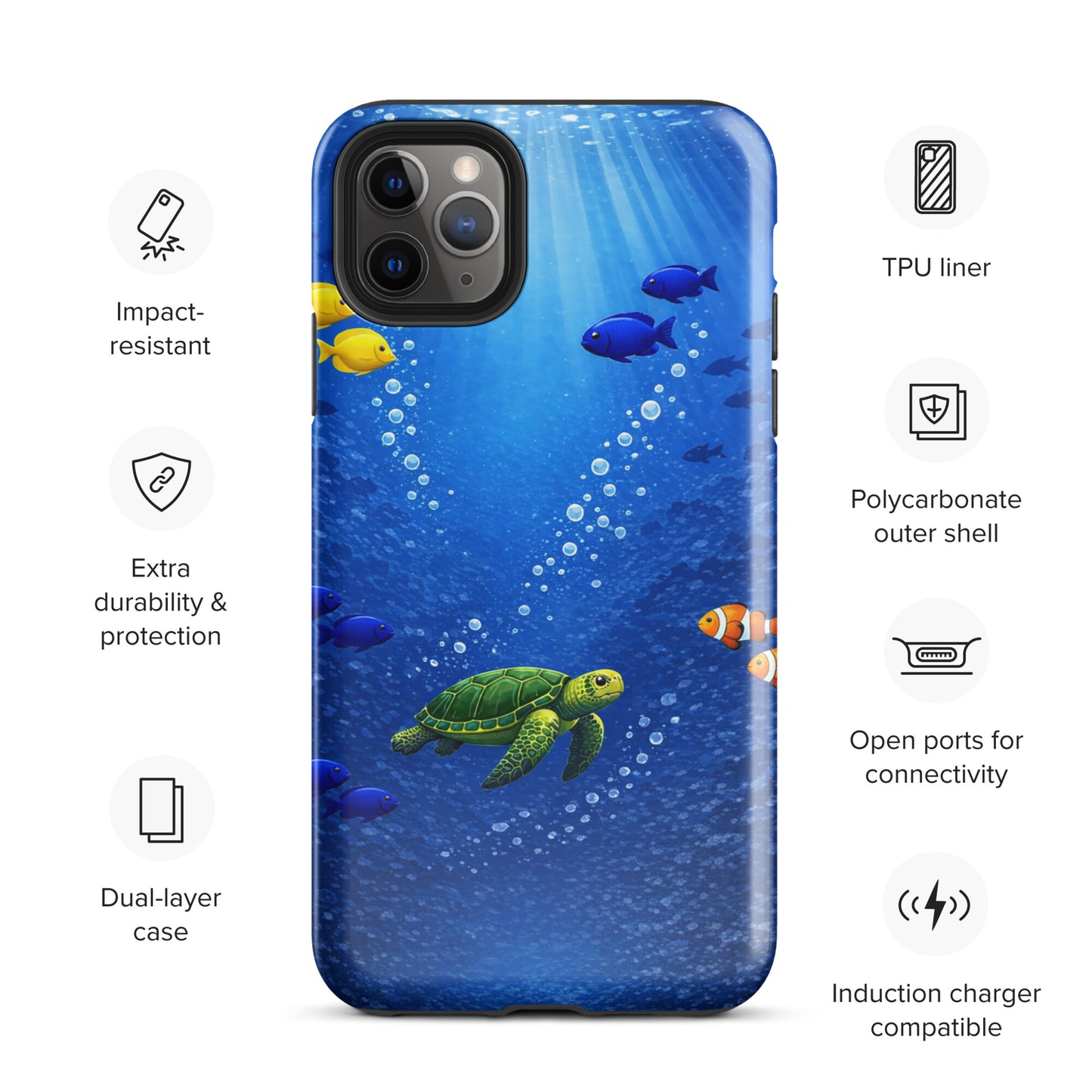 Phone Case for iPhone with sea turtle and tropical fish design, showcasing dual-layer protection and underwater elegance.