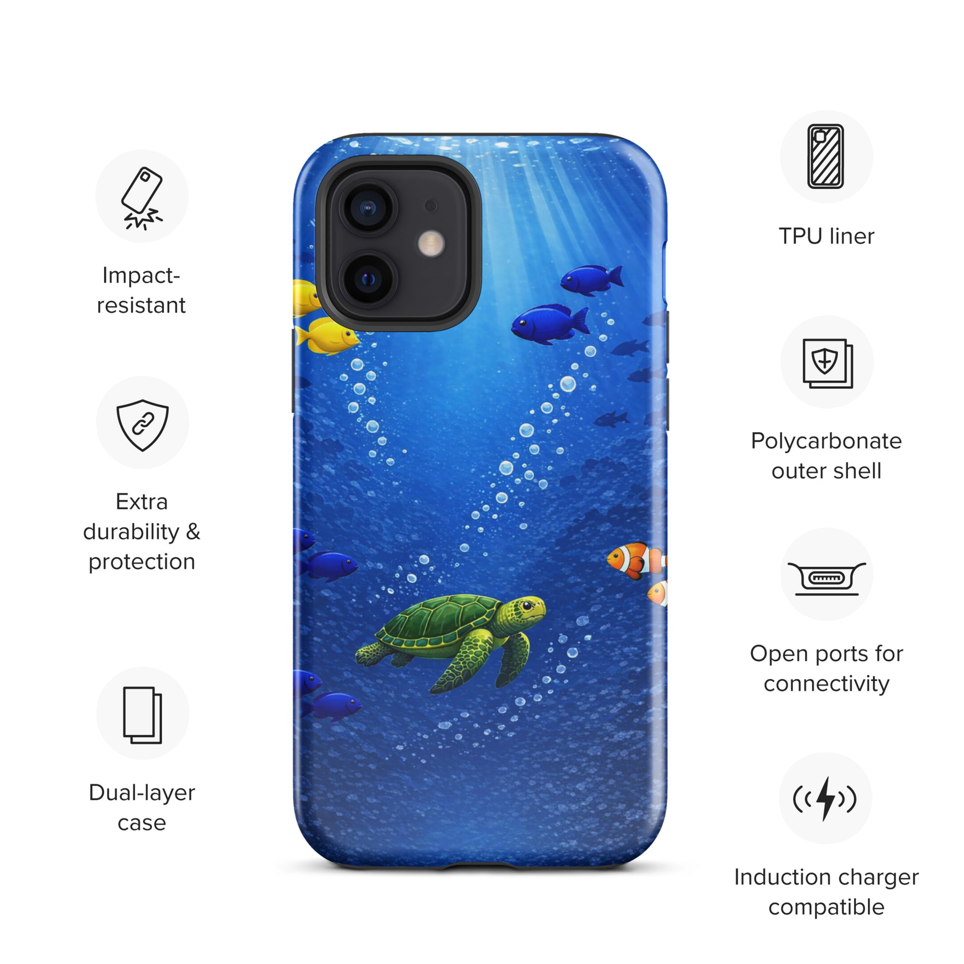 Phone Case for iPhone featuring a sea turtle in a vibrant underwater design with fish and bubbles.