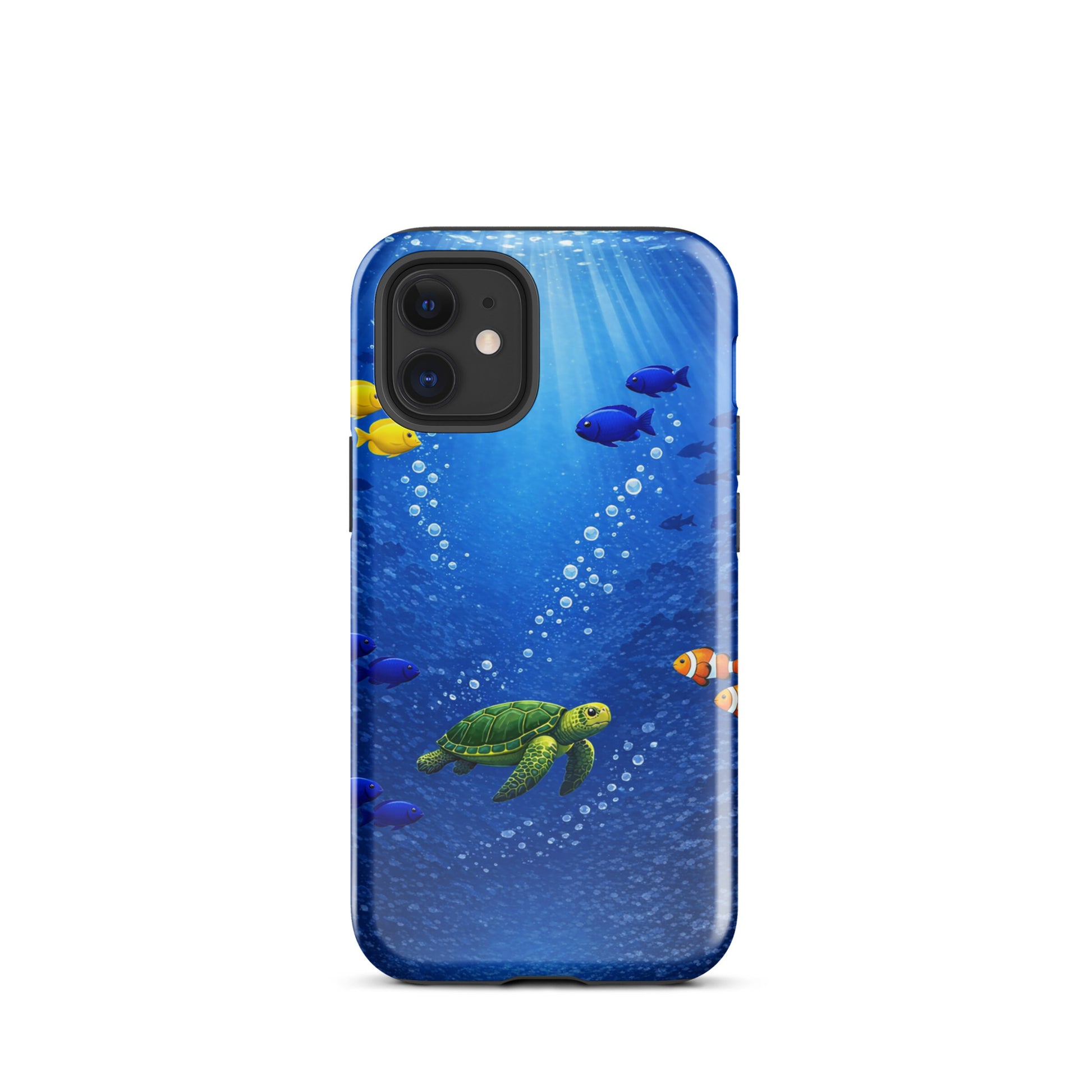 Phone Case for iPhone featuring a sea turtle design in the deep blue ocean with tropical fish, highlighting underwater elegance.