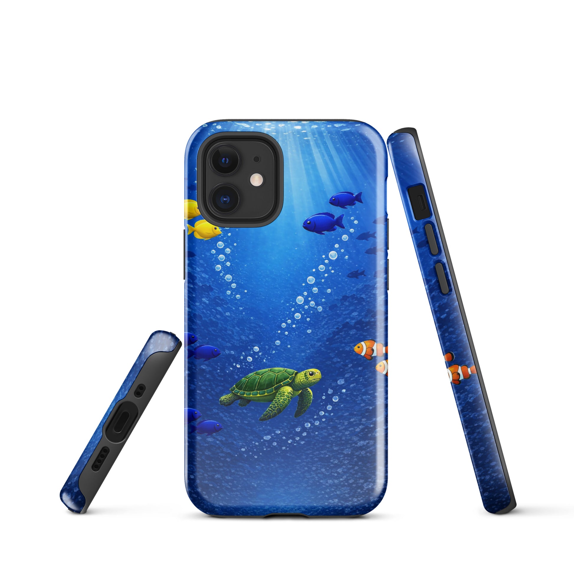 Phone Case for iPhone featuring a sea turtle and tropical fish in a deep blue ocean design.