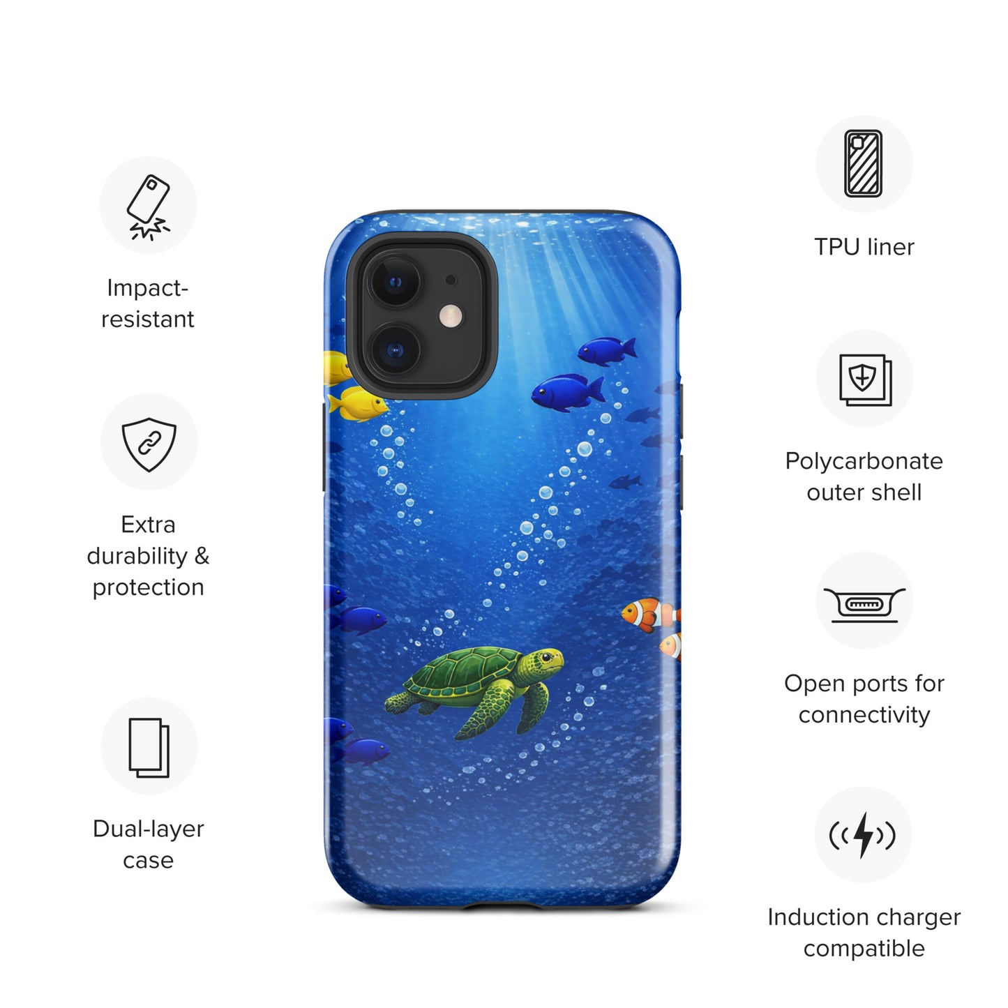 Phone Case for iPhone featuring sea turtle in deep blue ocean design with dual-layer protection, showcasing vibrant aquatic life.