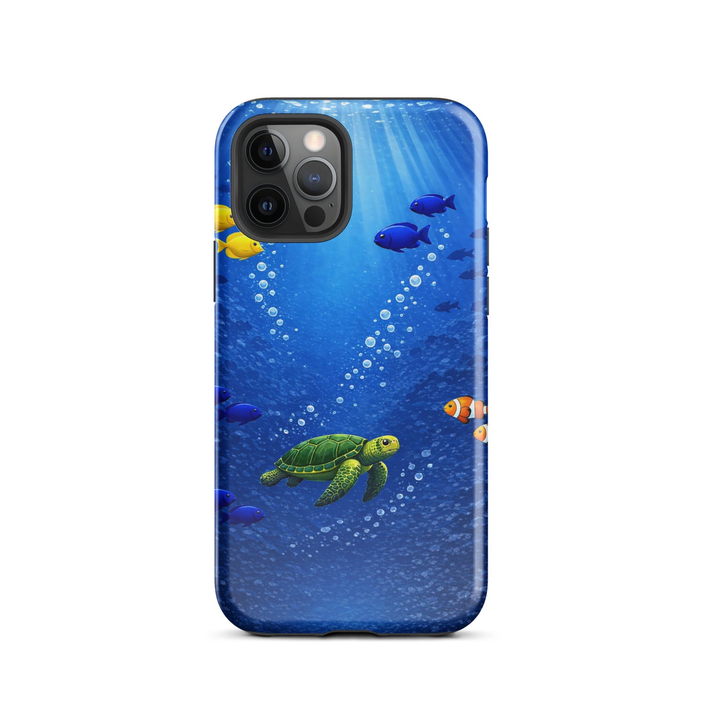 Phone Case for iPhone with sea turtle reef design, featuring vibrant tropical fish in deep blue ocean theme.