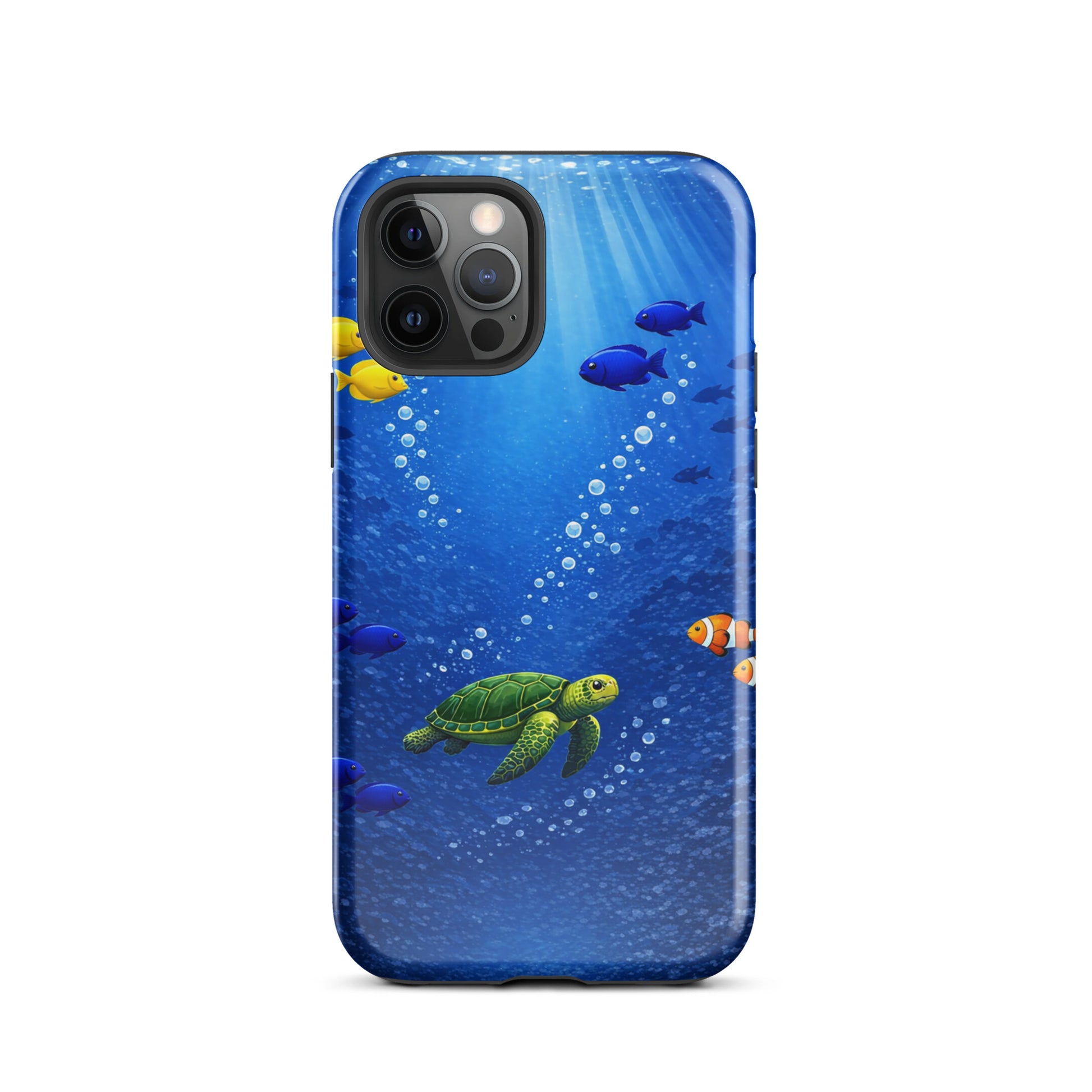 Phone Case for iPhone with sea turtle reef design, featuring vibrant tropical fish in deep blue ocean theme.