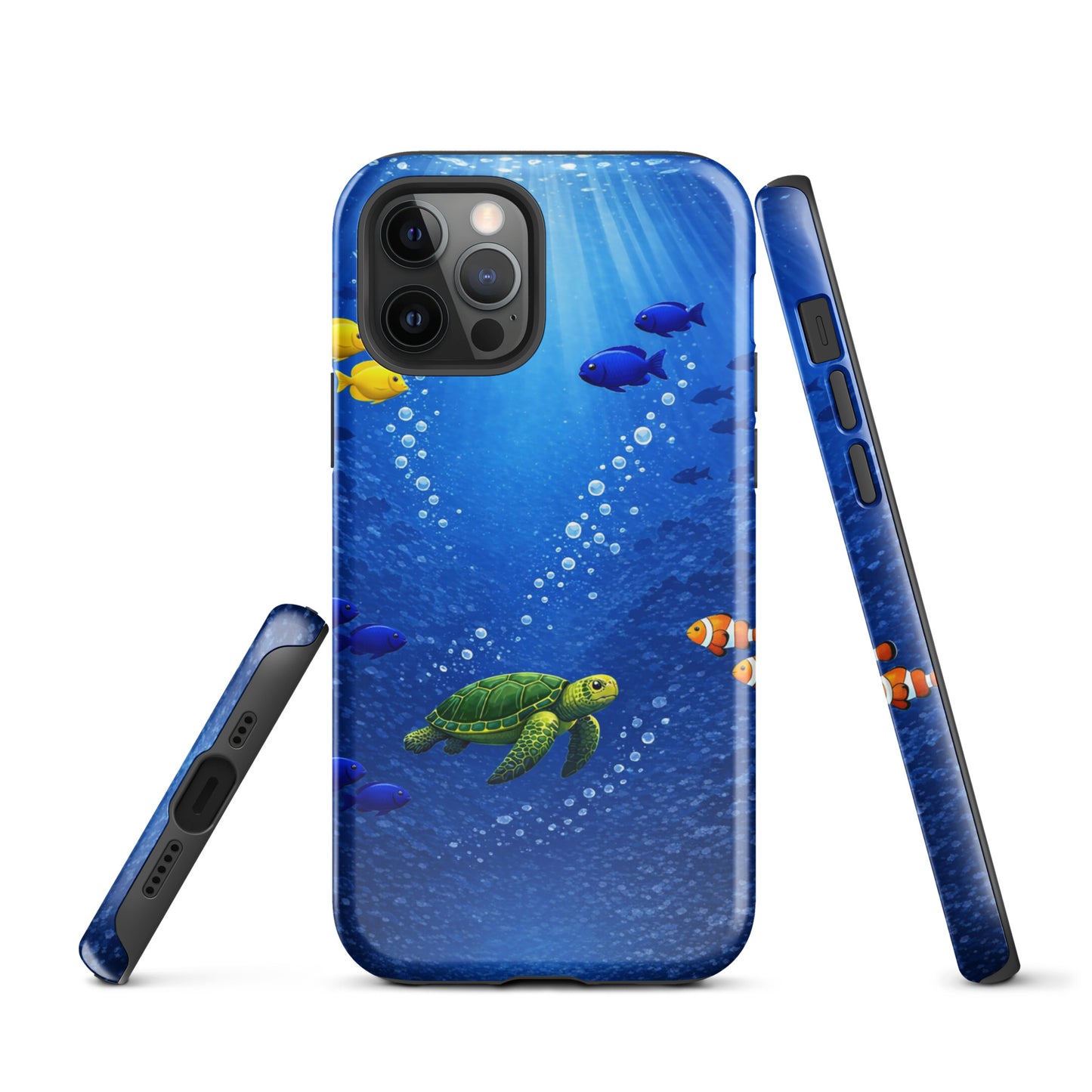 Phone Case for iPhone with sea turtle design in deep blue featuring vibrant fish