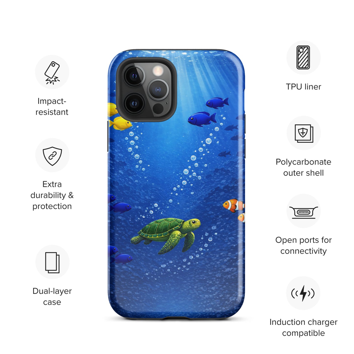 Phone Case for iPhone featuring a sea turtle reef design with vibrant fish, providing dual-layer protection and underwater elegance.