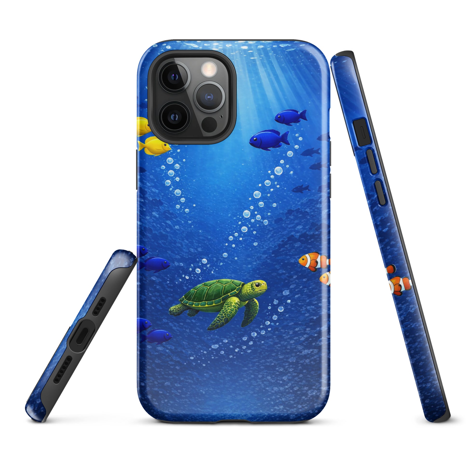 Phone Case featuring sea turtle and tropical fish design, iPhone case with ocean theme, protective and stylish underwater scene