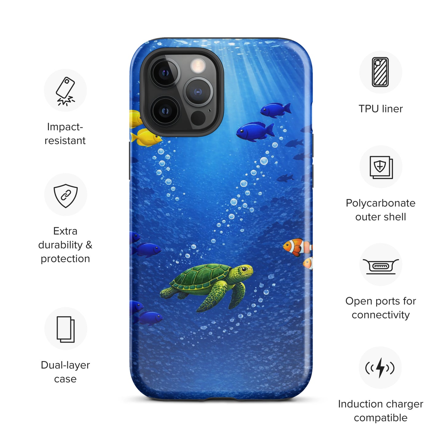 Phone Case for iPhone with sea turtle and tropical fish design, featuring a dual-layer protective shell in deep blue ocean theme.