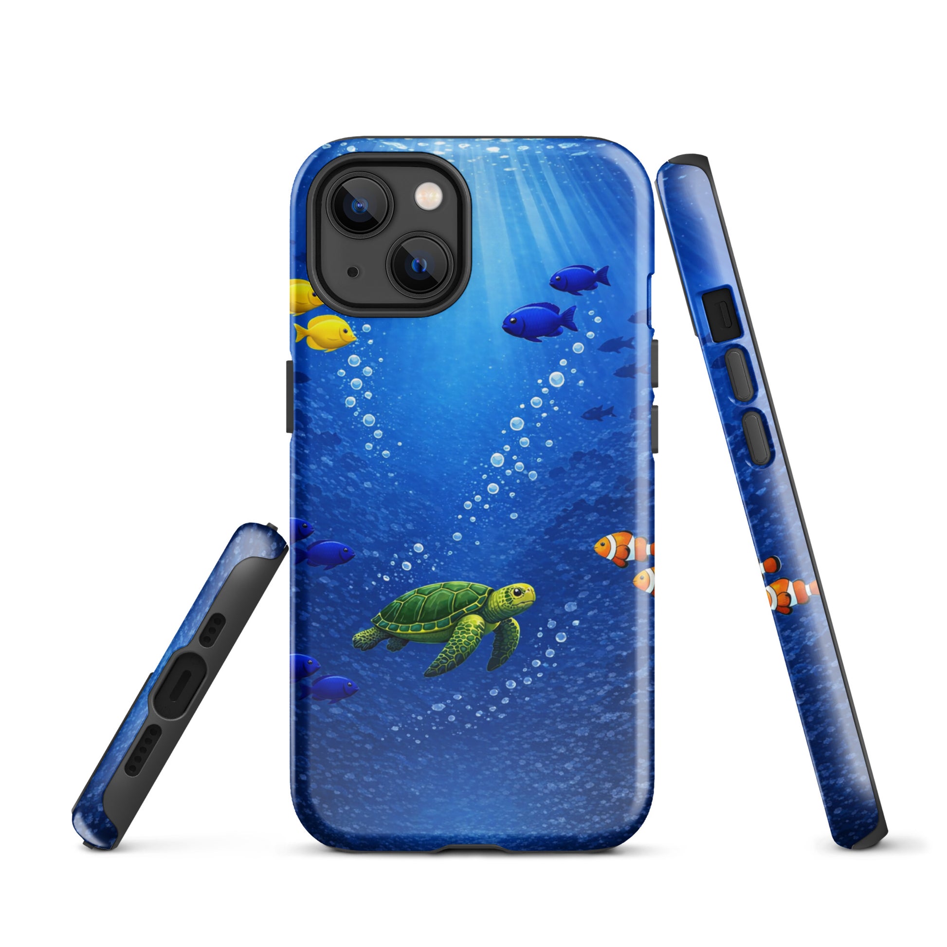 Phone Case for iPhone with sea turtle and tropical fish design, offering stylish dual-layer protection in underwater blue theme.