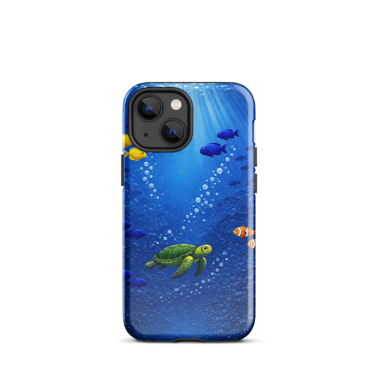 Phone Case for iPhone with sea turtle design in a deep blue ocean, featuring tropical fish for an elegant underwater look.