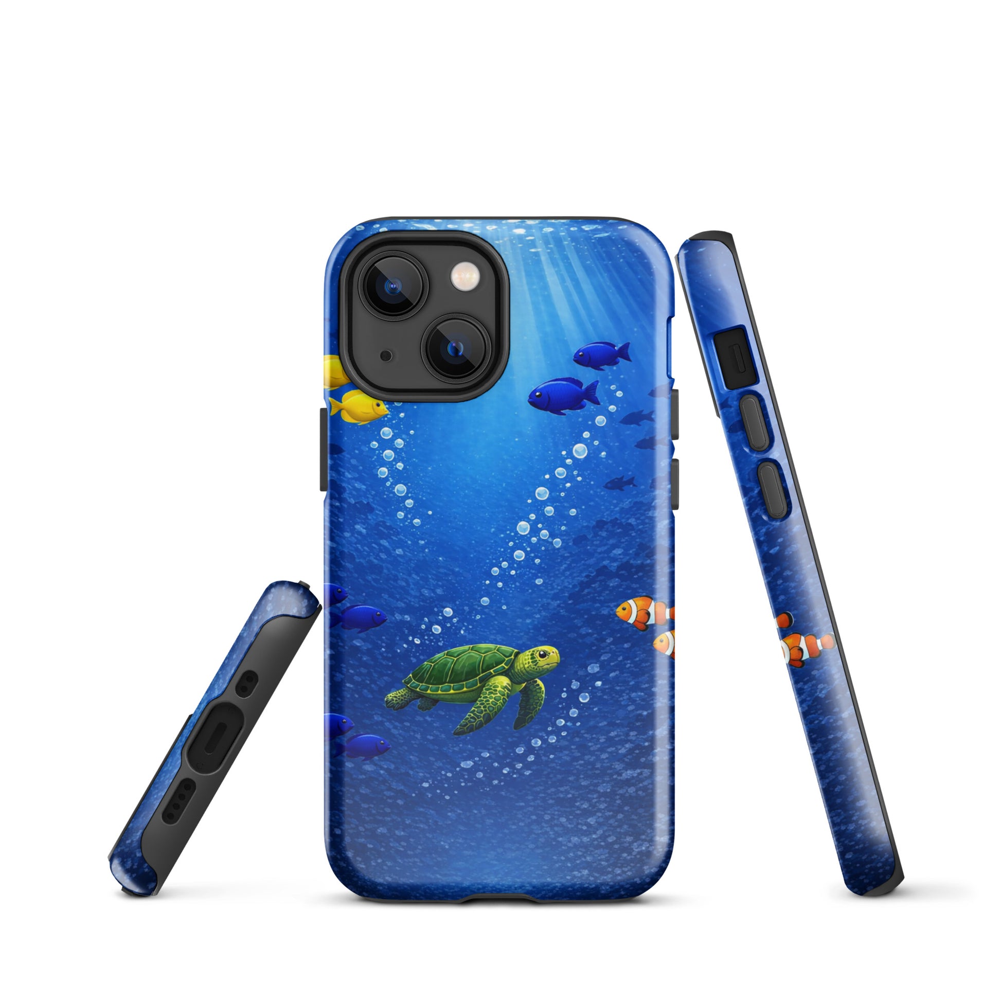 Phone Case with sea turtle and fish design for iPhone, offering dual-layer protection and underwater elegance, transforming your device.