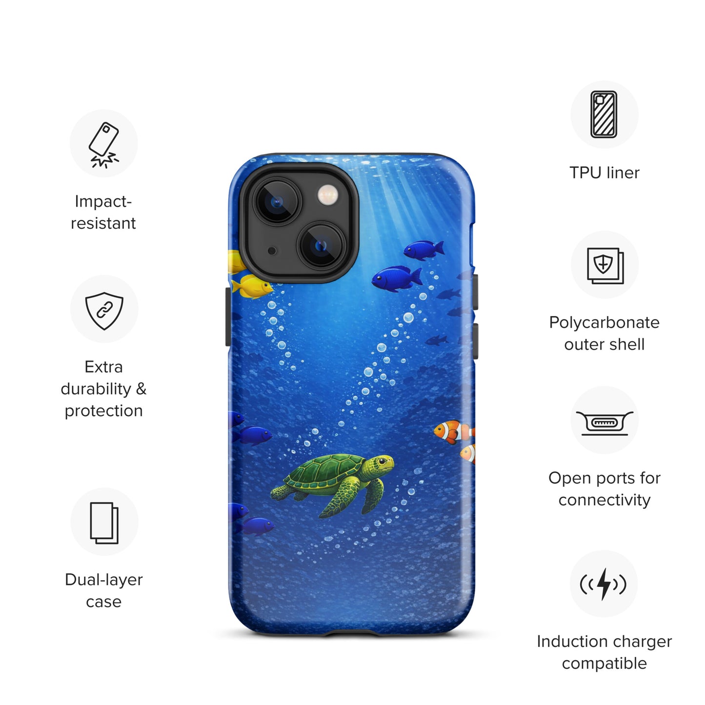 Phone Case for iPhone with sea turtle design, offering dual-layer protection and vibrant underwater scene with tropical fish.