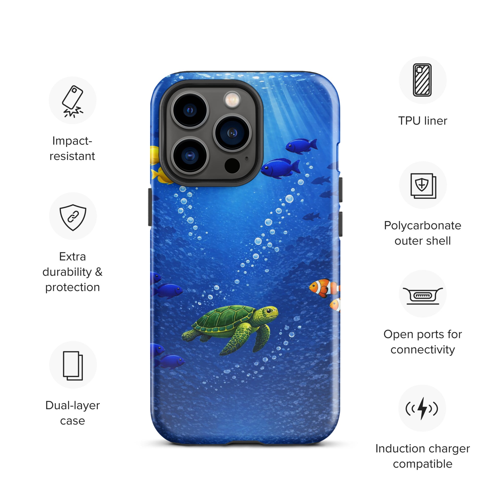 Phone Case for iPhone featuring sea turtle reef design with deep blue background, showcasing style and dual-layer protection.