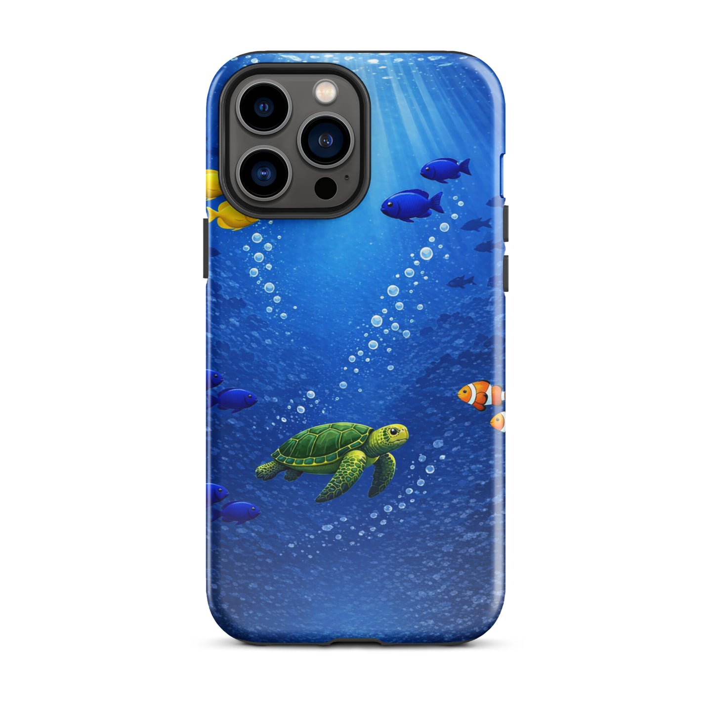 Phone Case for iPhone featuring sea turtle reef design in deep blue with colorful tropical fish.