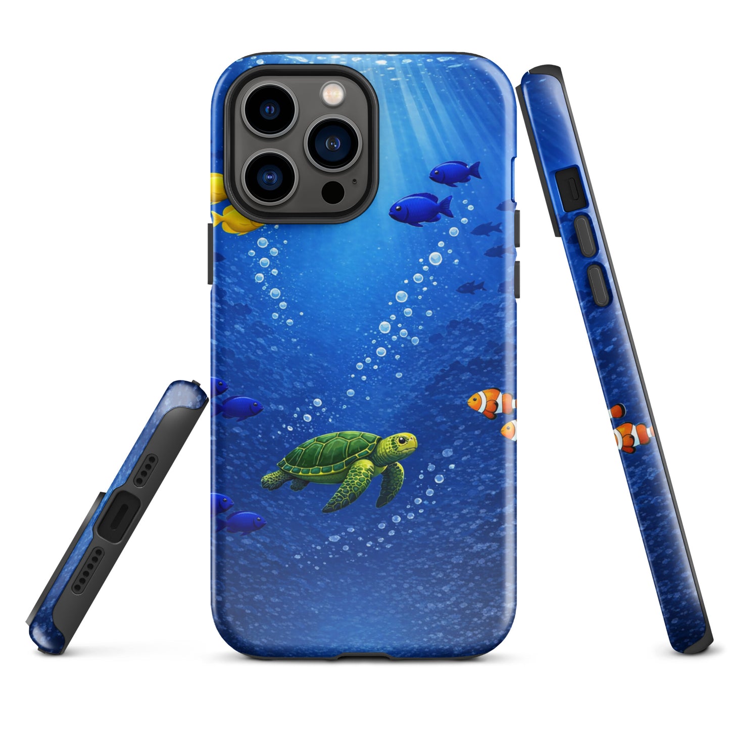 Phone Case for iPhone with Sea Turtle and Tropical Fish Design in Deep Blue Ocean Theme