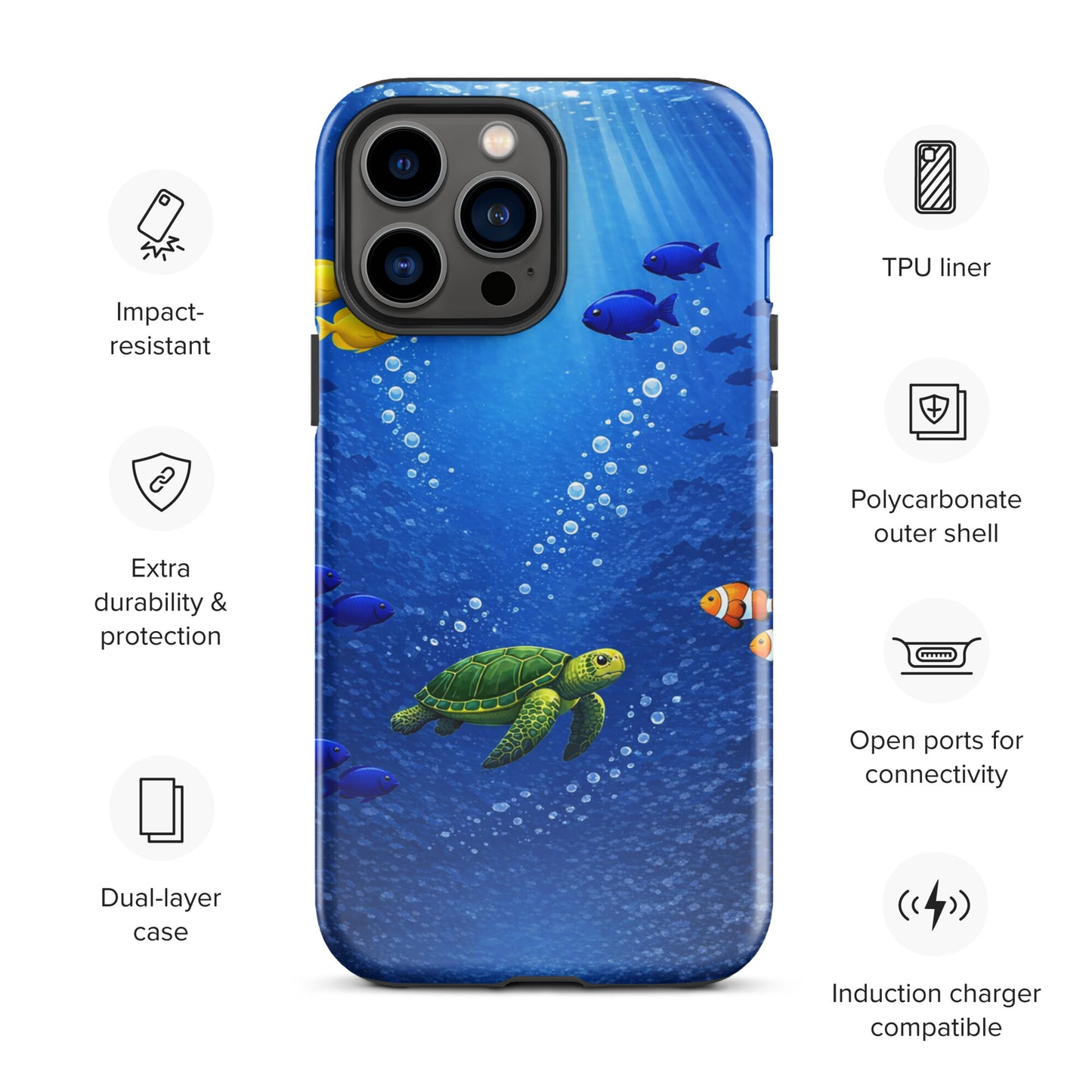 Phone Case for iPhone with sea turtle and tropical fish, featuring dual-layer protection and vibrant underwater design.