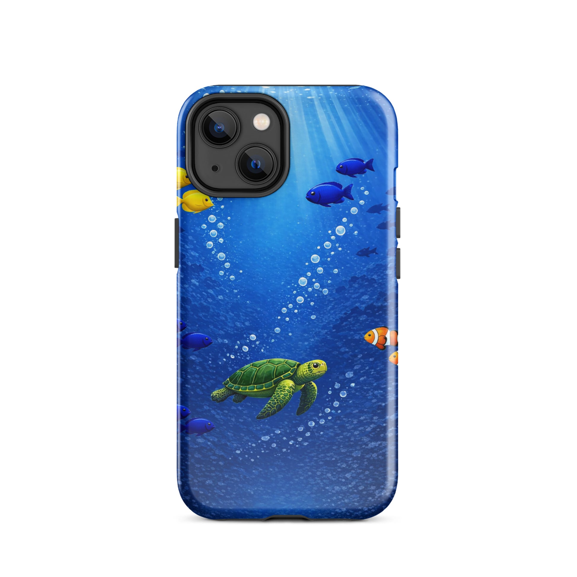 Phone Case for iPhone featuring sea turtle and tropical fish design in deep blue waters, combining elegance and dual-layer protection.