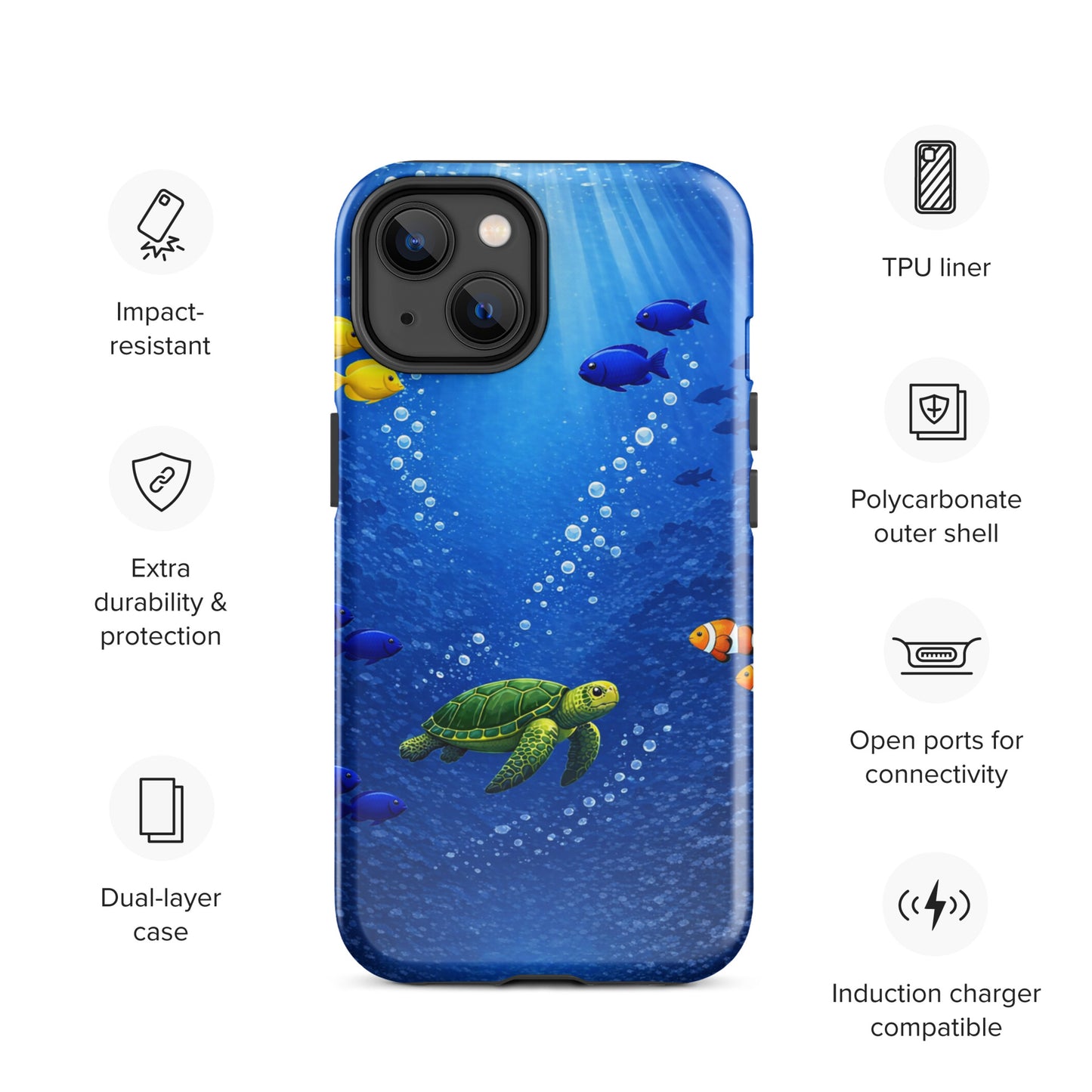 Phone Case for iPhone featuring sea turtle and fish design with dual-layer protection and impact-resistant features