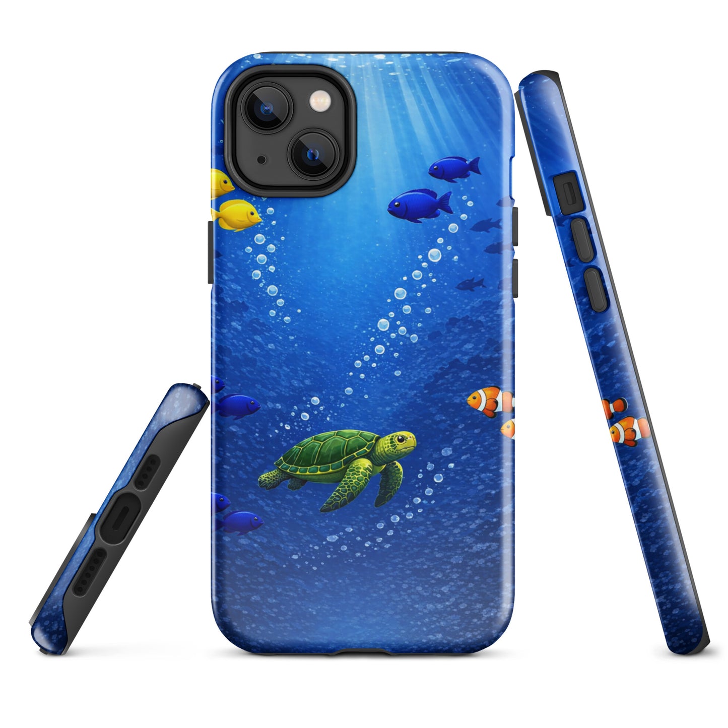 Phone Case for iPhone with sea turtle and tropical fish design against deep blue ocean background, providing dual-layer protection.