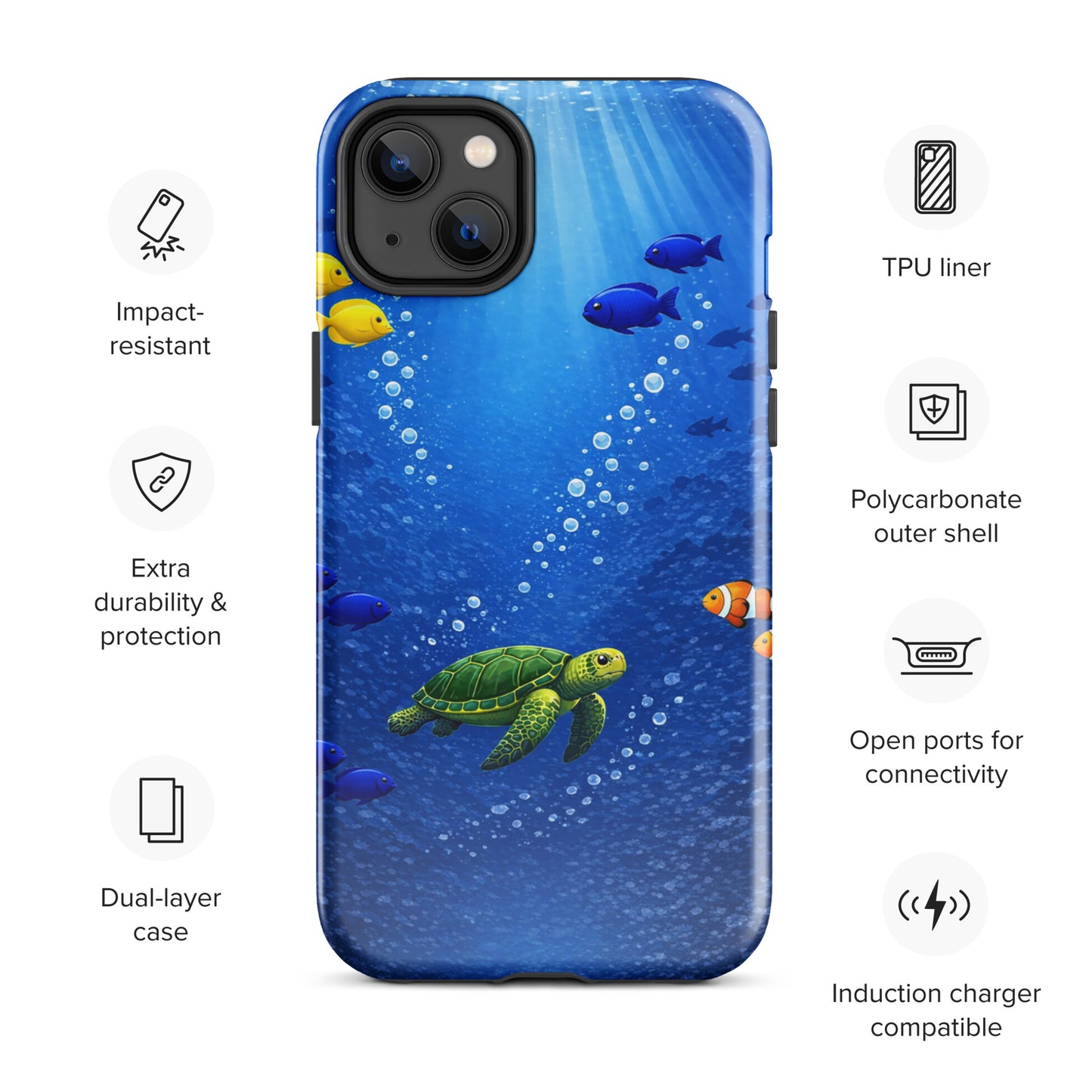 Phone Case for iPhone featuring a sea turtle design in deep blue with tropical fish; showcases dual-layer protection and stylish elegance.