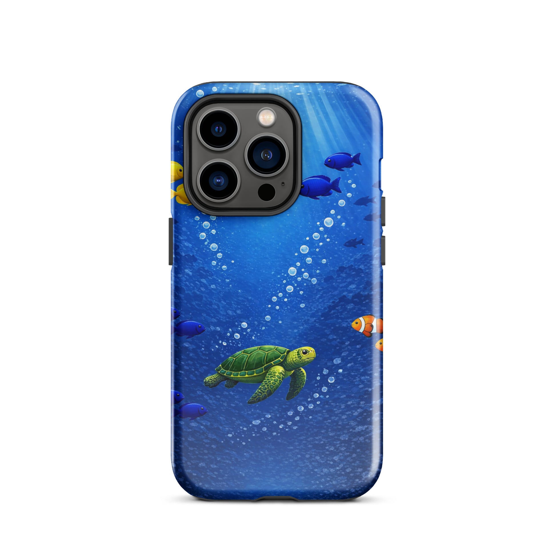 Phone Case for iPhone featuring a vibrant sea turtle and reef design in deep blue with tropical fish, offering dual-layer protection.