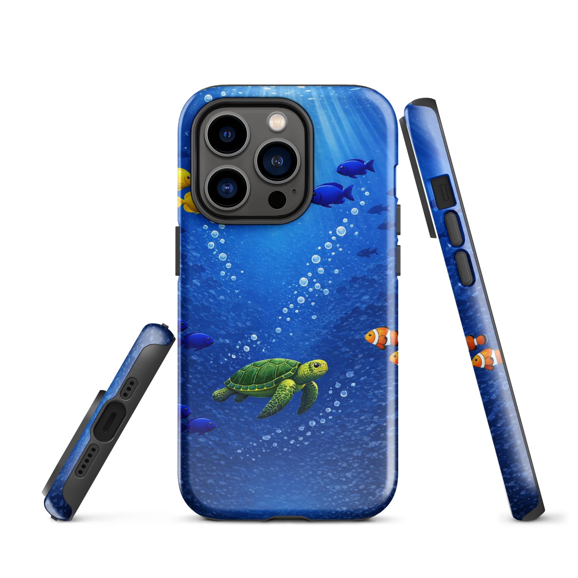 Phone Case for iPhone with sea turtle design showcasing deep blue ocean and tropical fish, offering dual-layer protection.