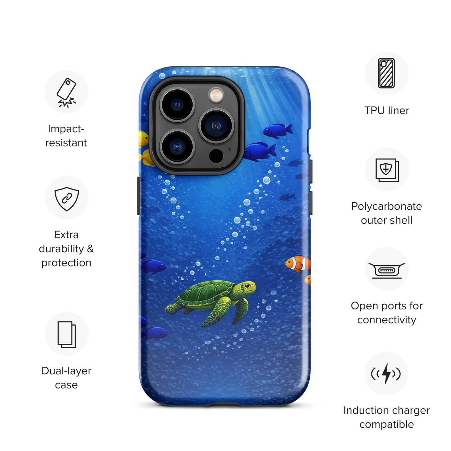 Phone Case for iPhone featuring a sea turtle and tropical fish design with dual-layer protection and impact-resistant features.