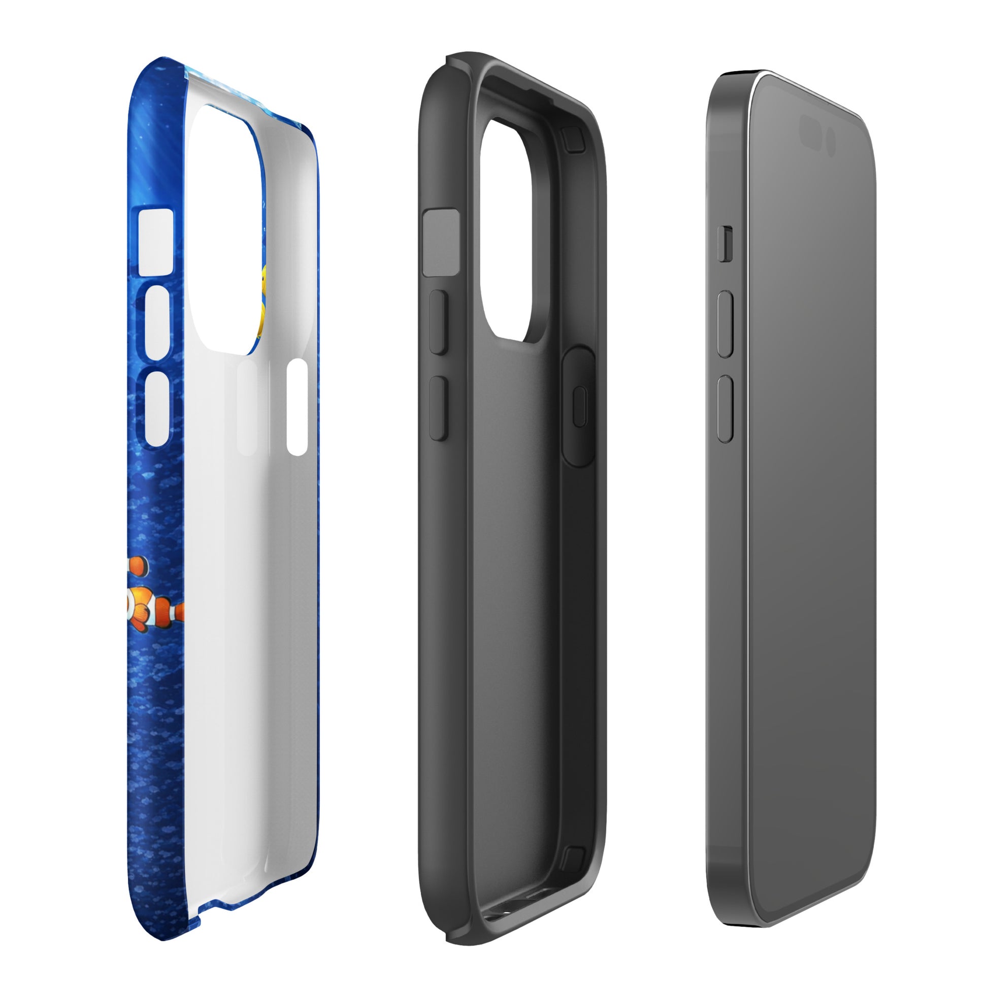 Phone Case for iPhone featuring sea turtle reef design with dual-layer protection, showcasing an open and closed view. Enhance device elegance.