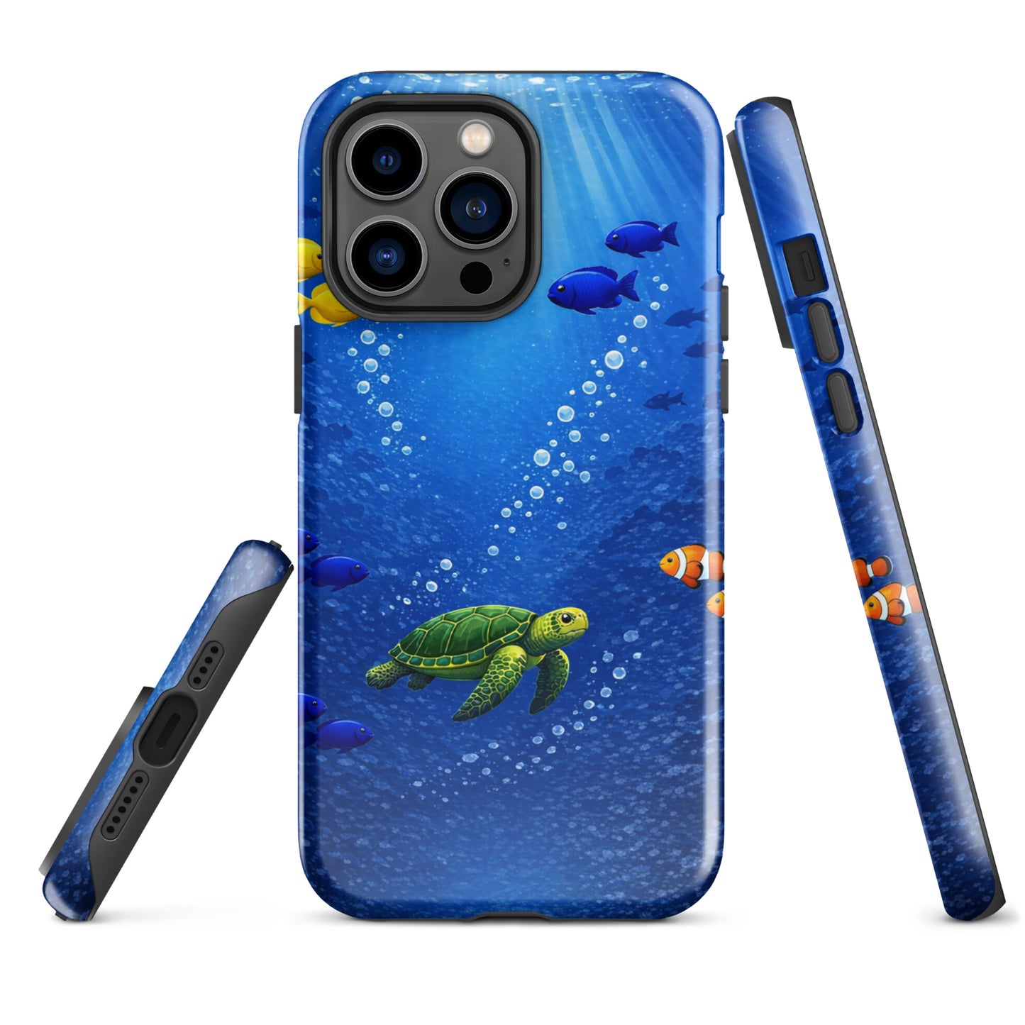 Phone Case for iPhone with sea turtle reef design, vibrant tropical fish, and dual-layer protection for a stylish underwater look.