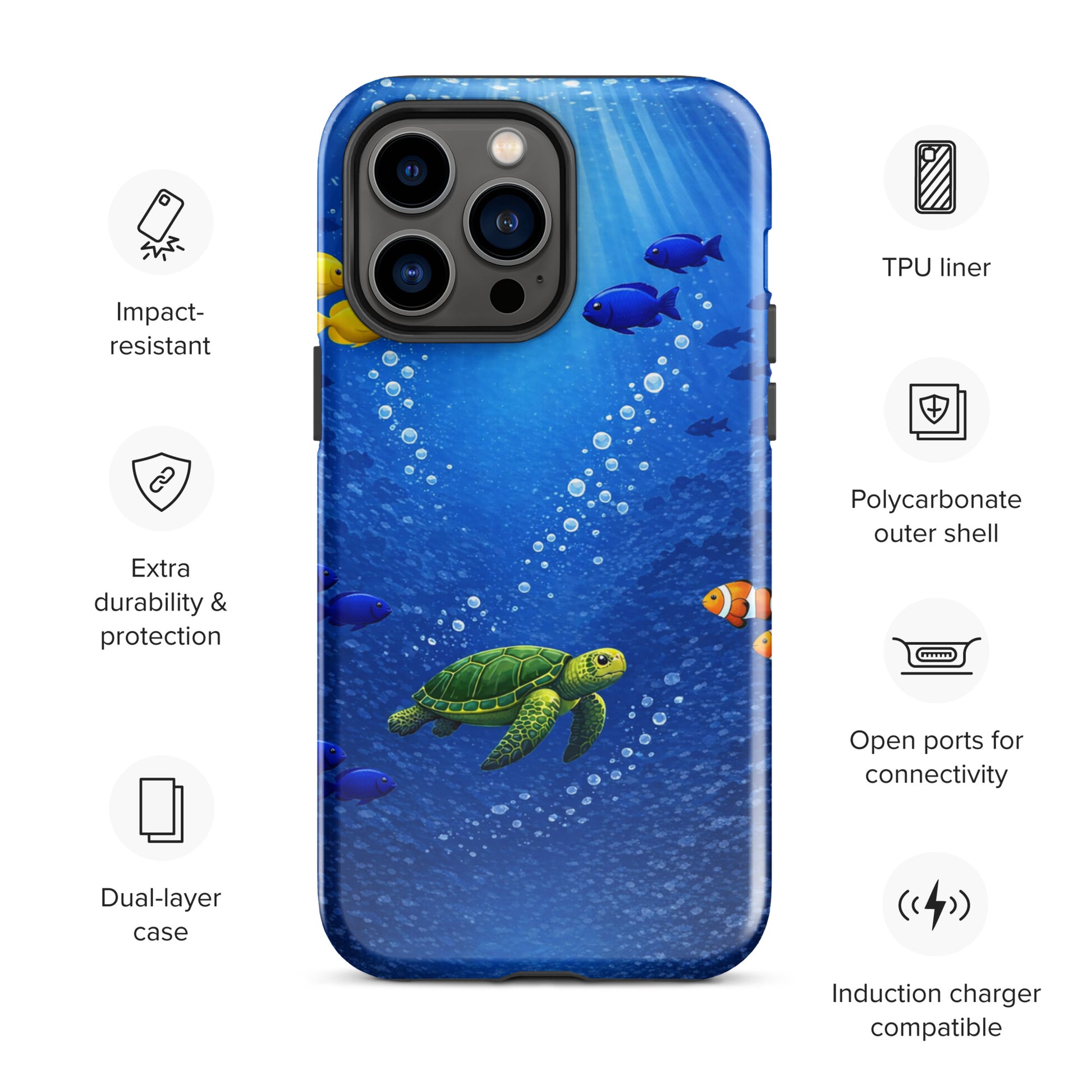 Phone Case for iPhone with sea turtle reef design, showcasing vibrant marine life and dual-layer protection.