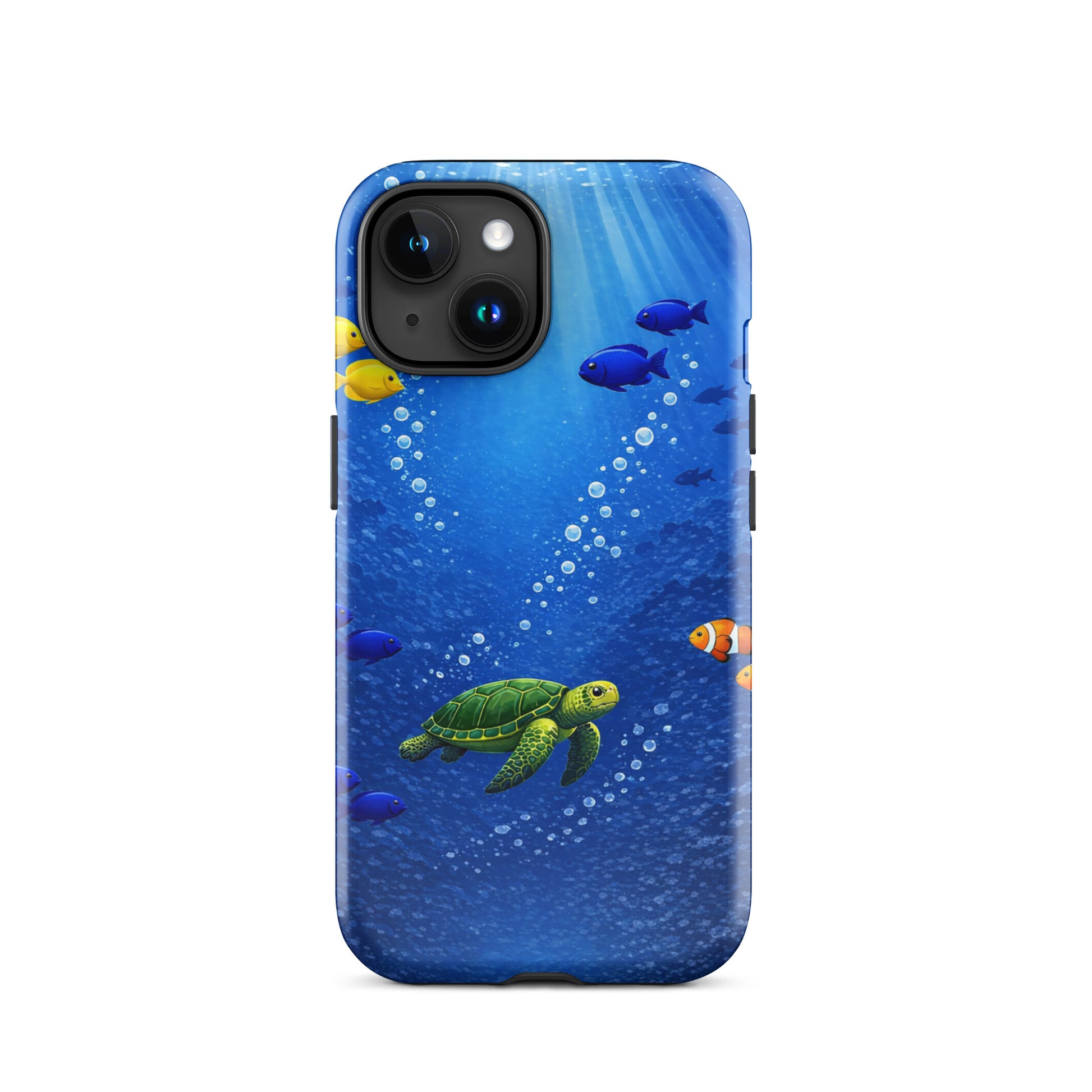 Phone Case for iPhone featuring a sea turtle design with vibrant tropical fish against a deep blue ocean background for style and protection.