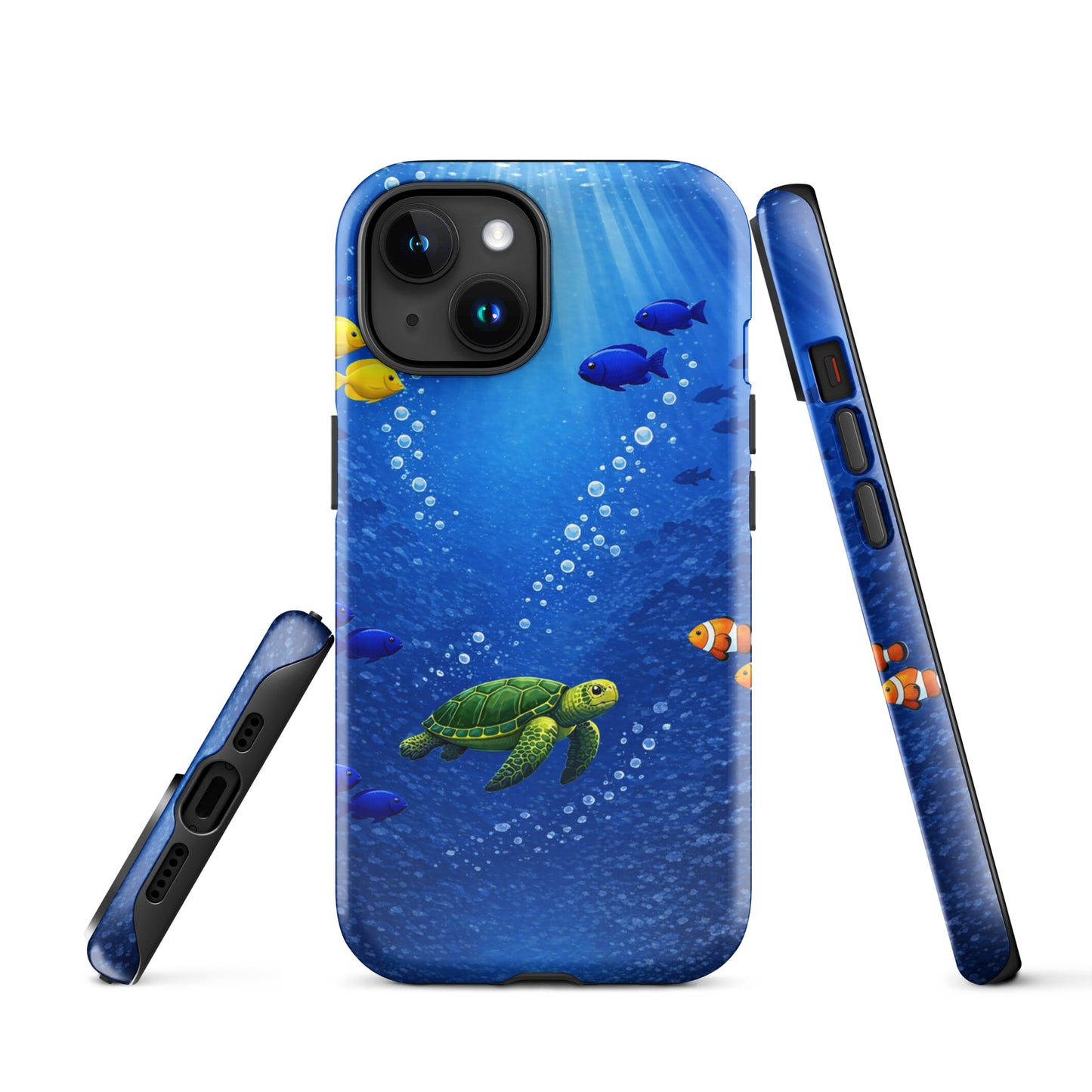 Phone Case for iPhone featuring sea turtle and fish underwater design with dual-layer protection, capturing ocean beauty.
