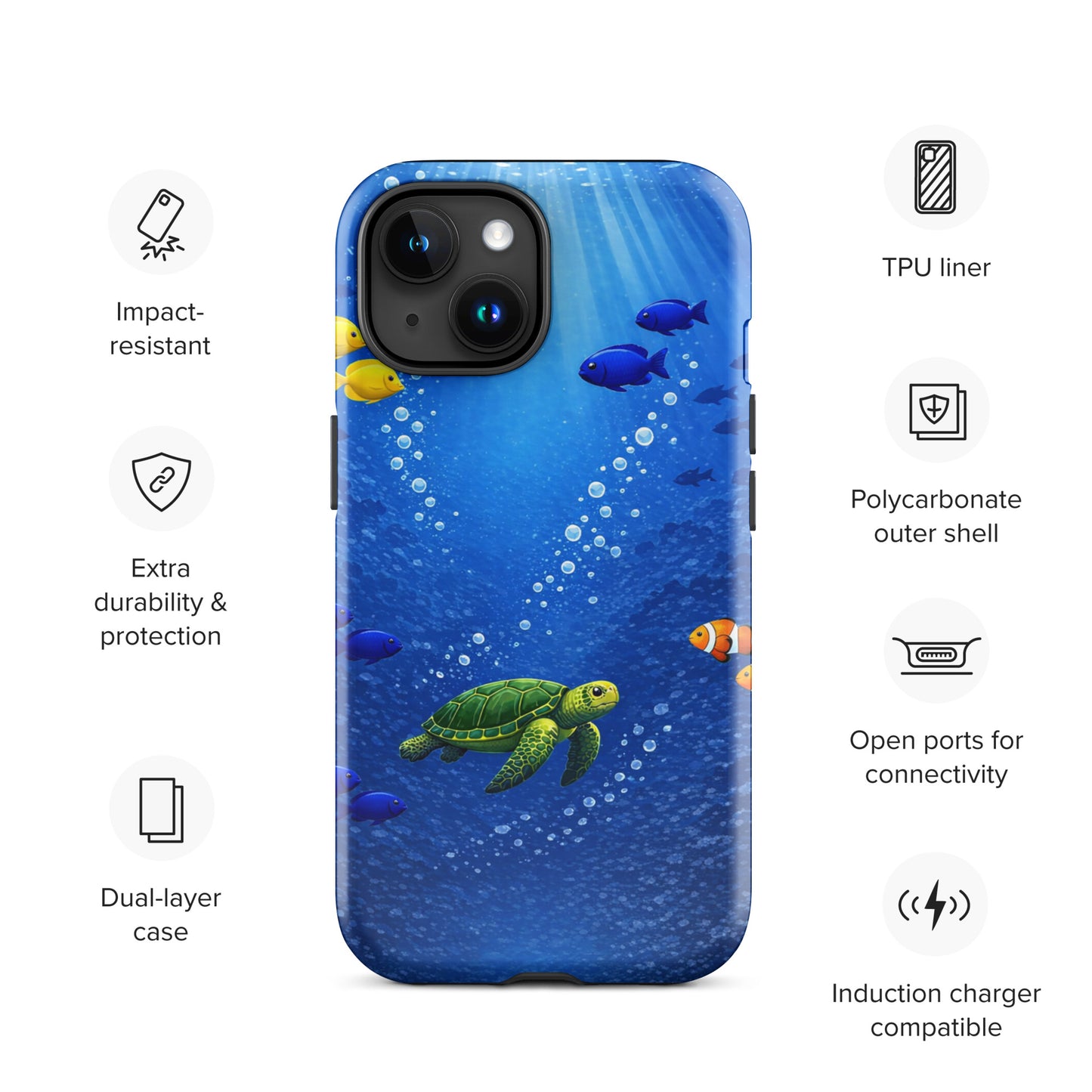 Phone Case for iPhone featuring sea turtle and tropical fish design with dual-layer protection