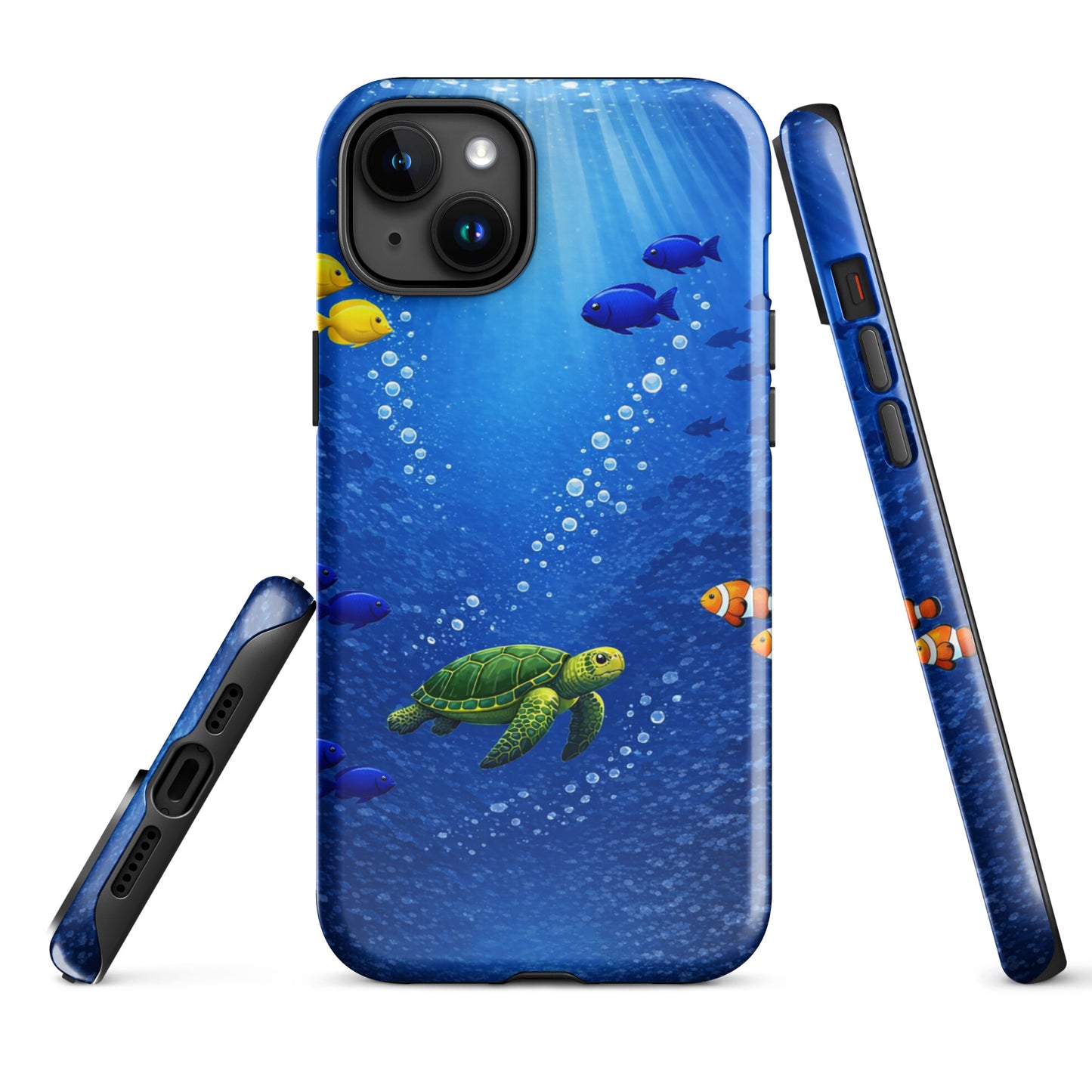 Phone Case for iPhone featuring sea turtle in oceanic design with vibrant fish; protective and stylish accessory for ocean lovers.