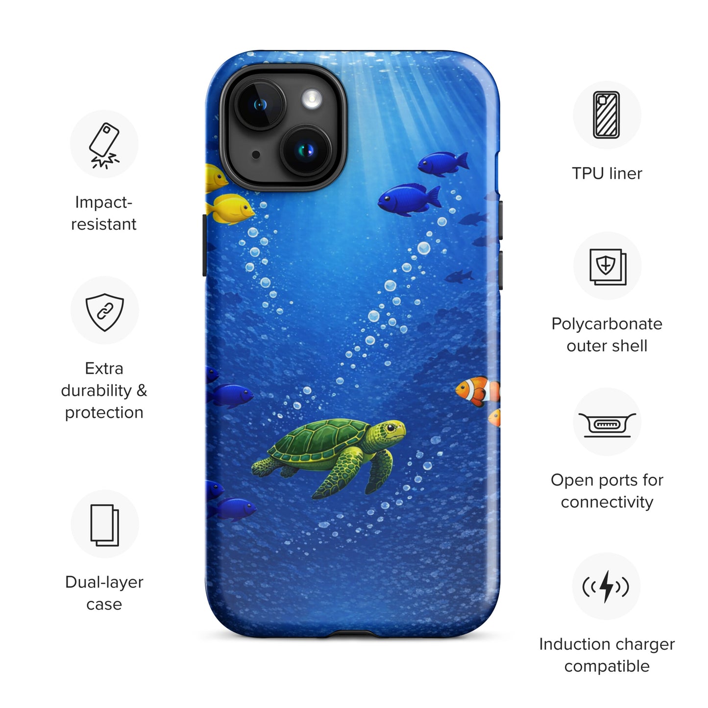 Phone Case for iPhone featuring sea turtle and tropical fish design with dual-layer protection, impact-resistant material, and open ports.