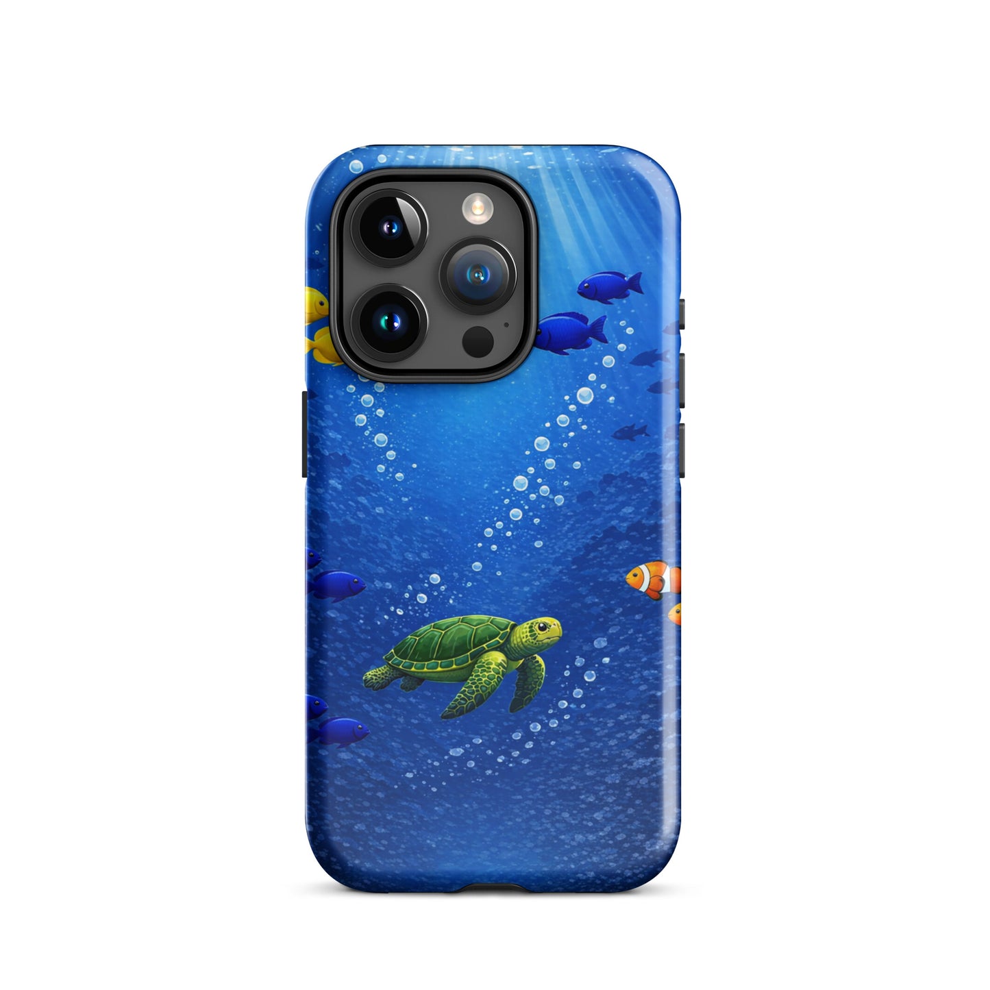 Phone Case for iPhone featuring sea turtle reef design in deep blue with tropical fish. Dual-layer protection. Underwater elegance for your device.