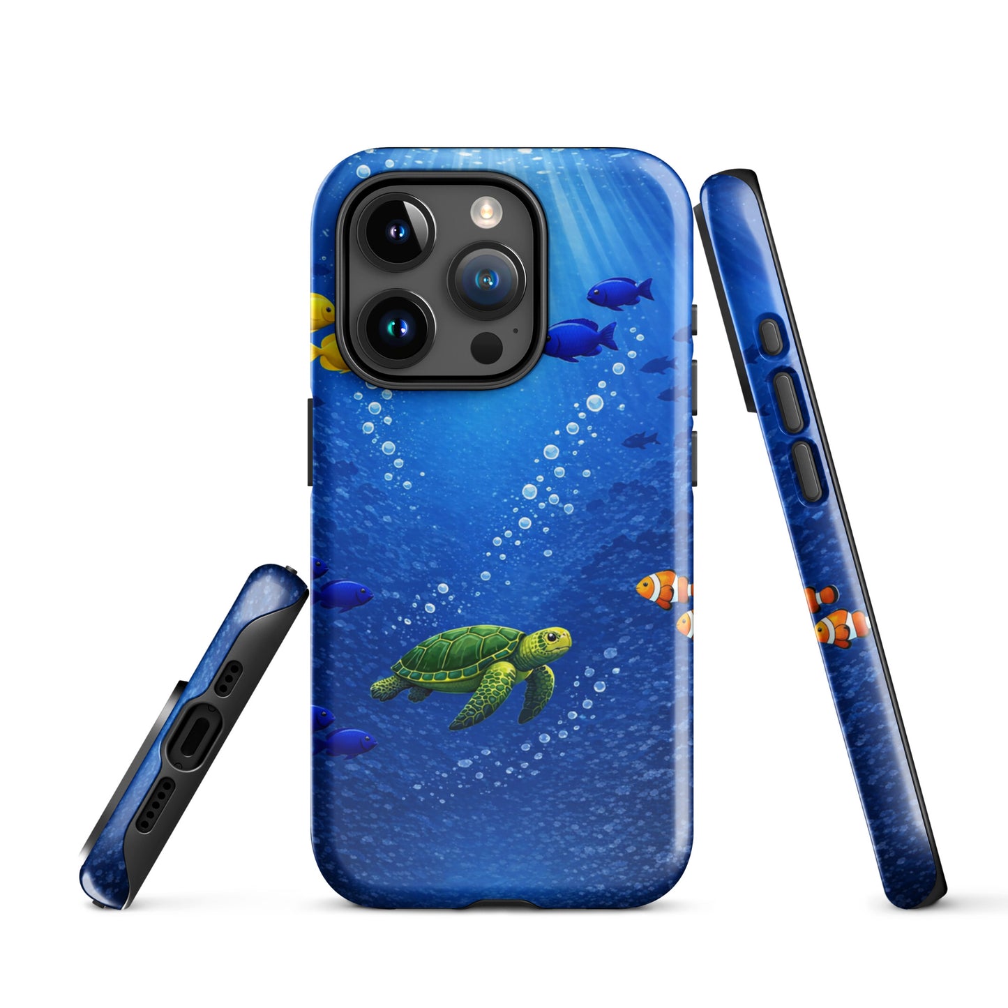 Phone Case for iPhone featuring sea turtle design and tropical fish on deep blue background, offering dual-layer protection with style.