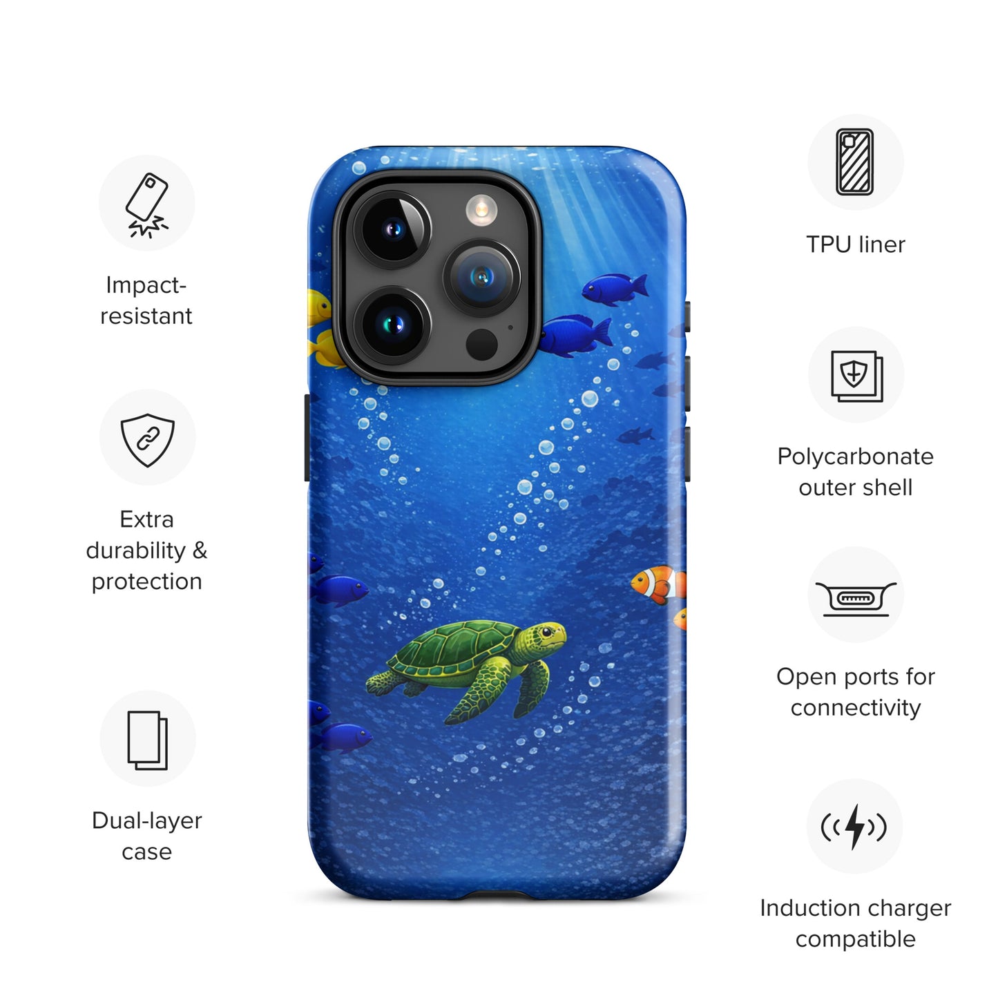 Phone Case for iPhone featuring sea turtle design in deep blue with tropical fish and protective dual-layer. Induction charger compatible.